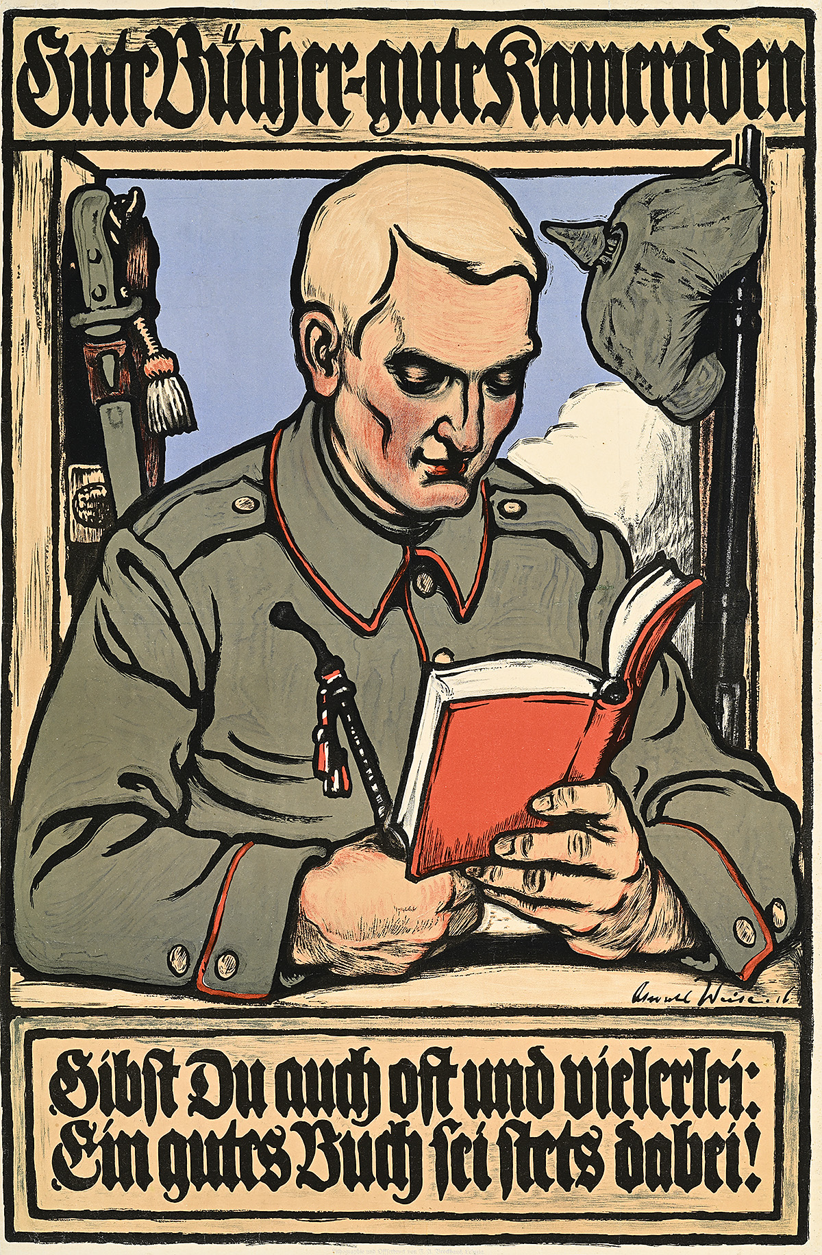 A poster of a soldier reading a book with German text above and below.