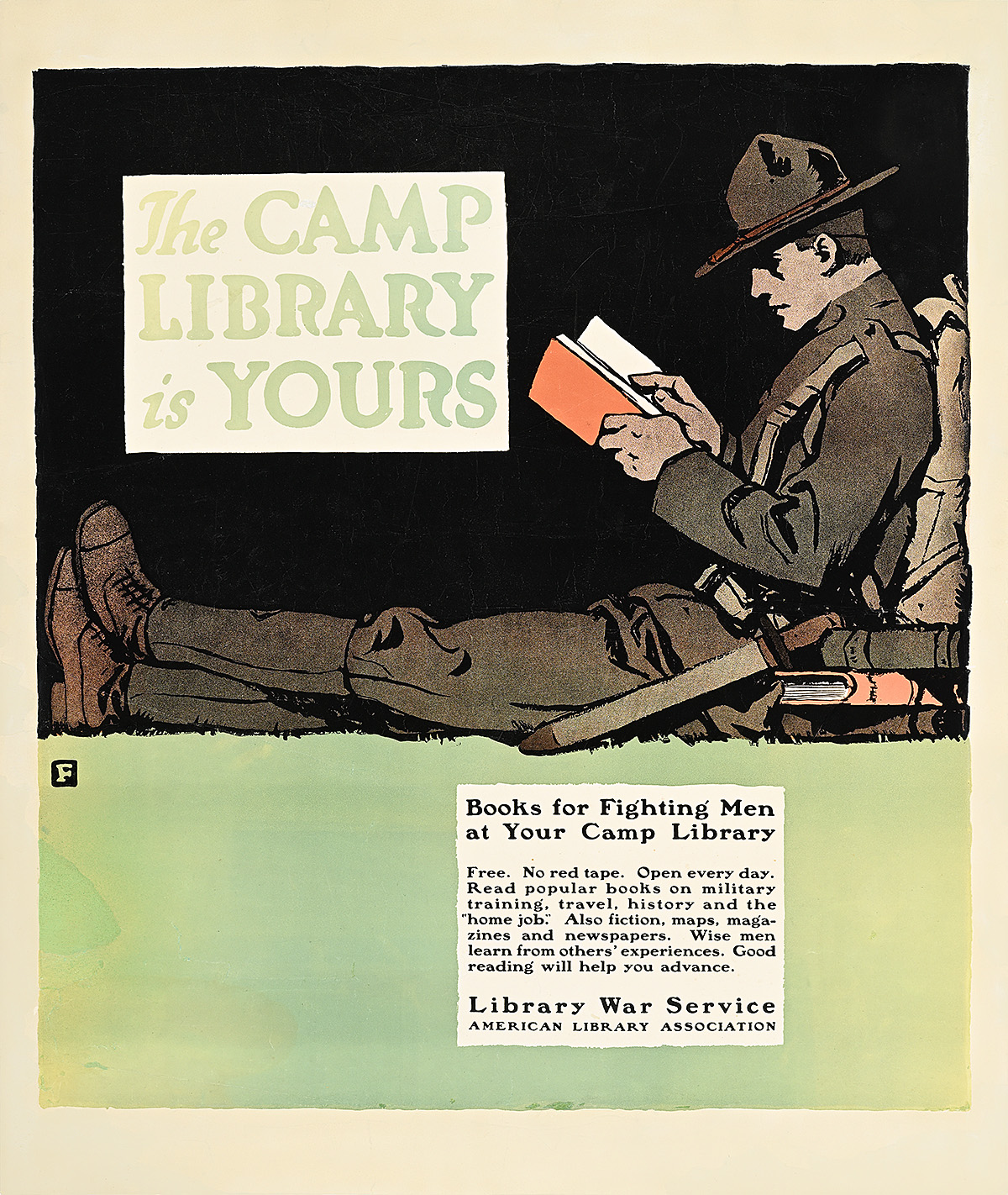 A poster of a man in uniform sitting down and reading a book on top of a green rectangle.