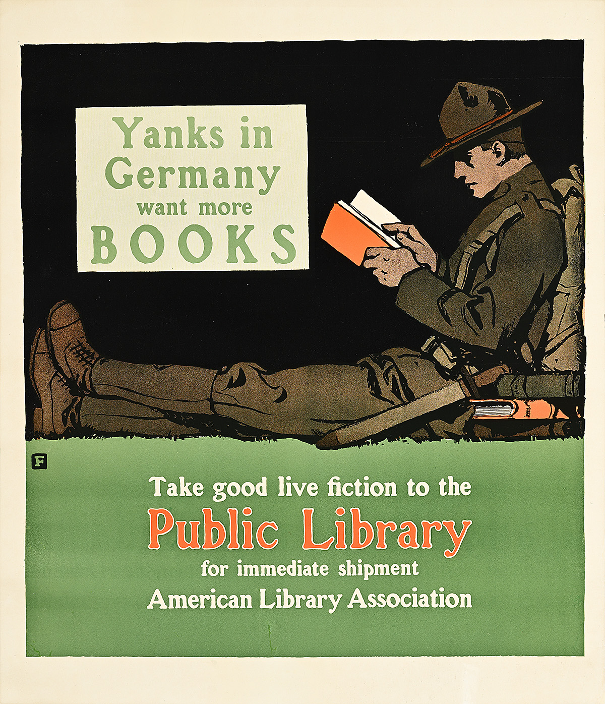 A poster of a man in uniform sitting down and reading a book on top of a green rectangle.