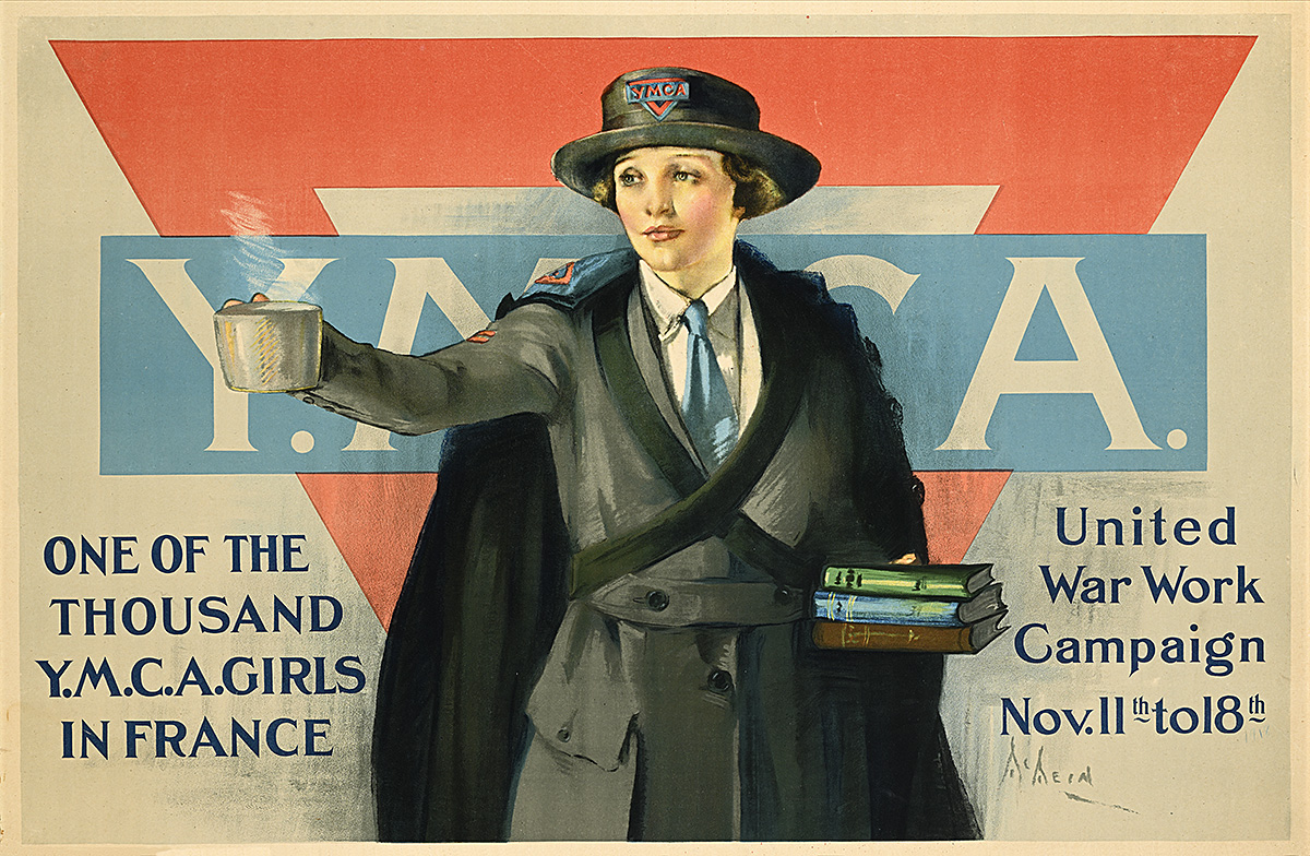 A poster of a white woman in fancy dress holding a stack of books in front of a logo reading YMCA.