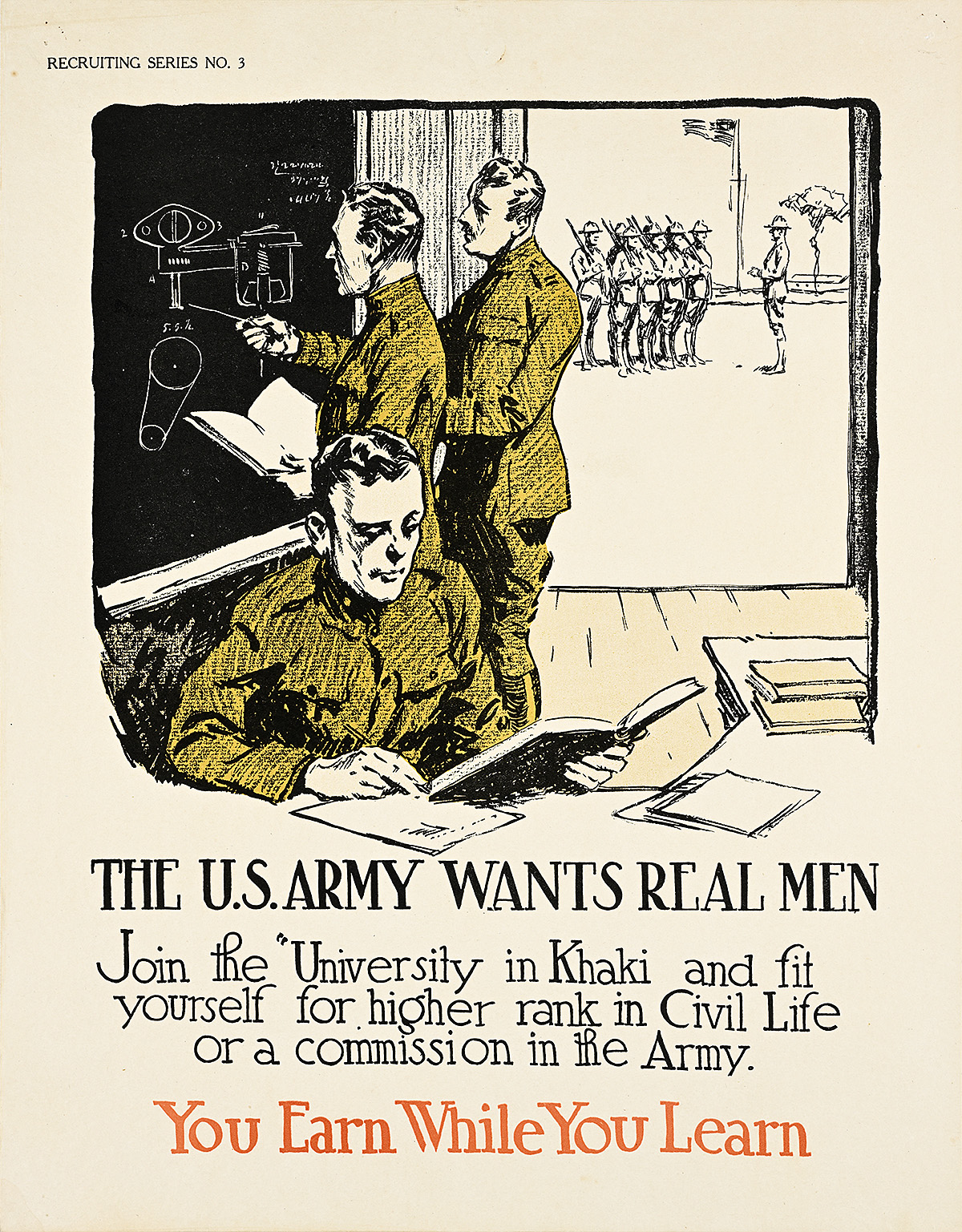 A poster of a drawing of three men reading and writing on a chalkboard with soldiers in the background.