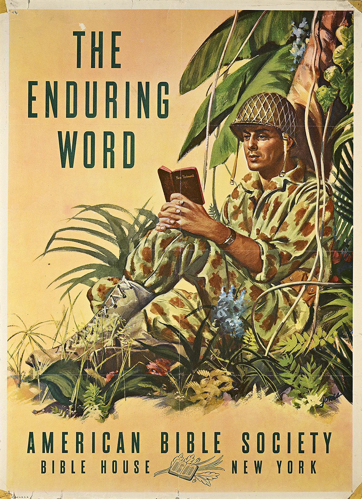 A poster of a soldier sitting down and reading against a tree in the jungle.