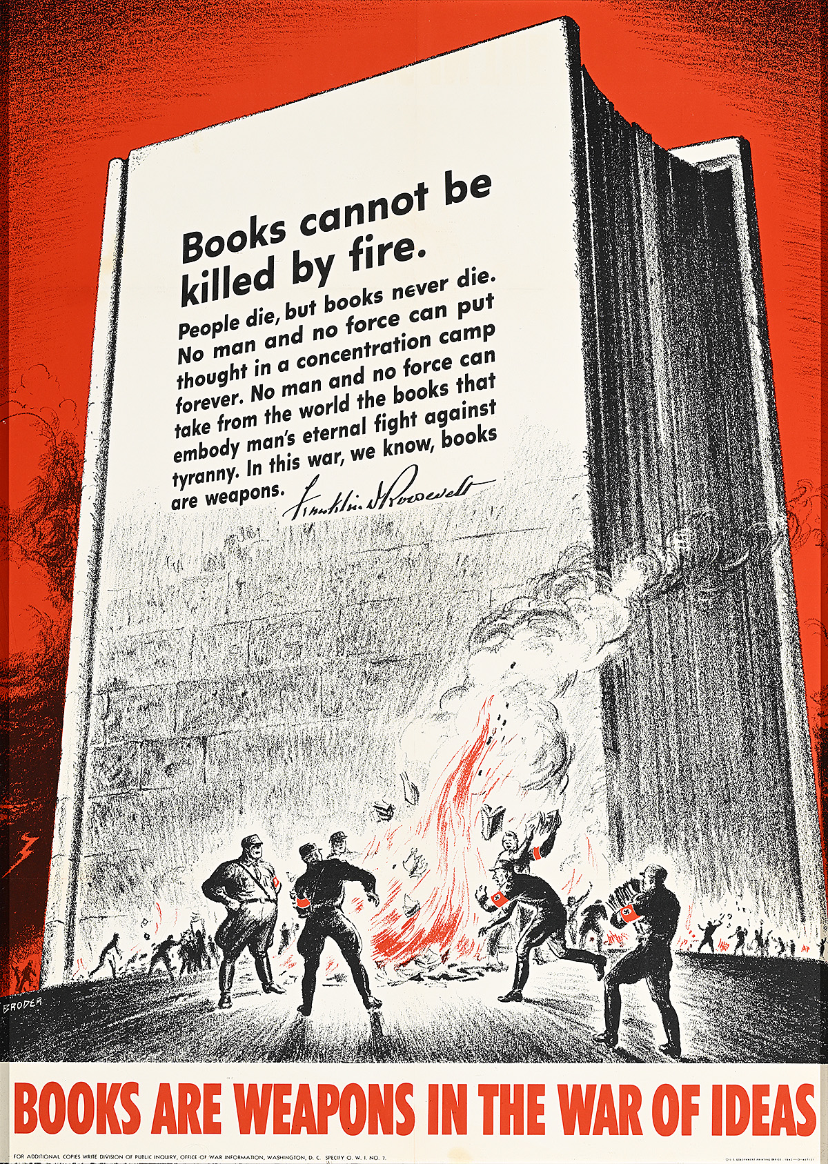 A poster of an illustration of men in uniform throwing books into a fire with a monumental book behind them.