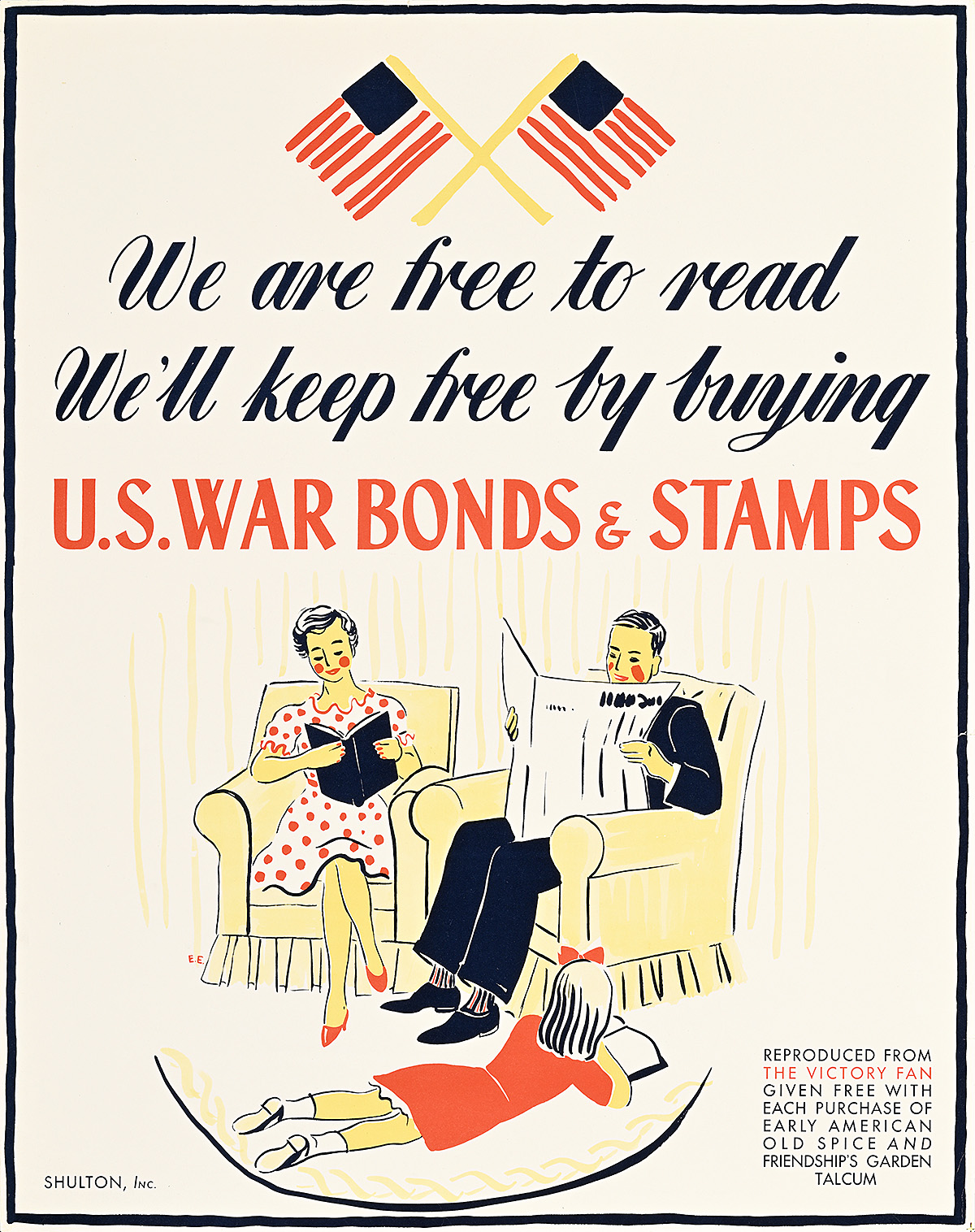 A poster of a man and woman reading in chairs while a child lays on the ground with a book.