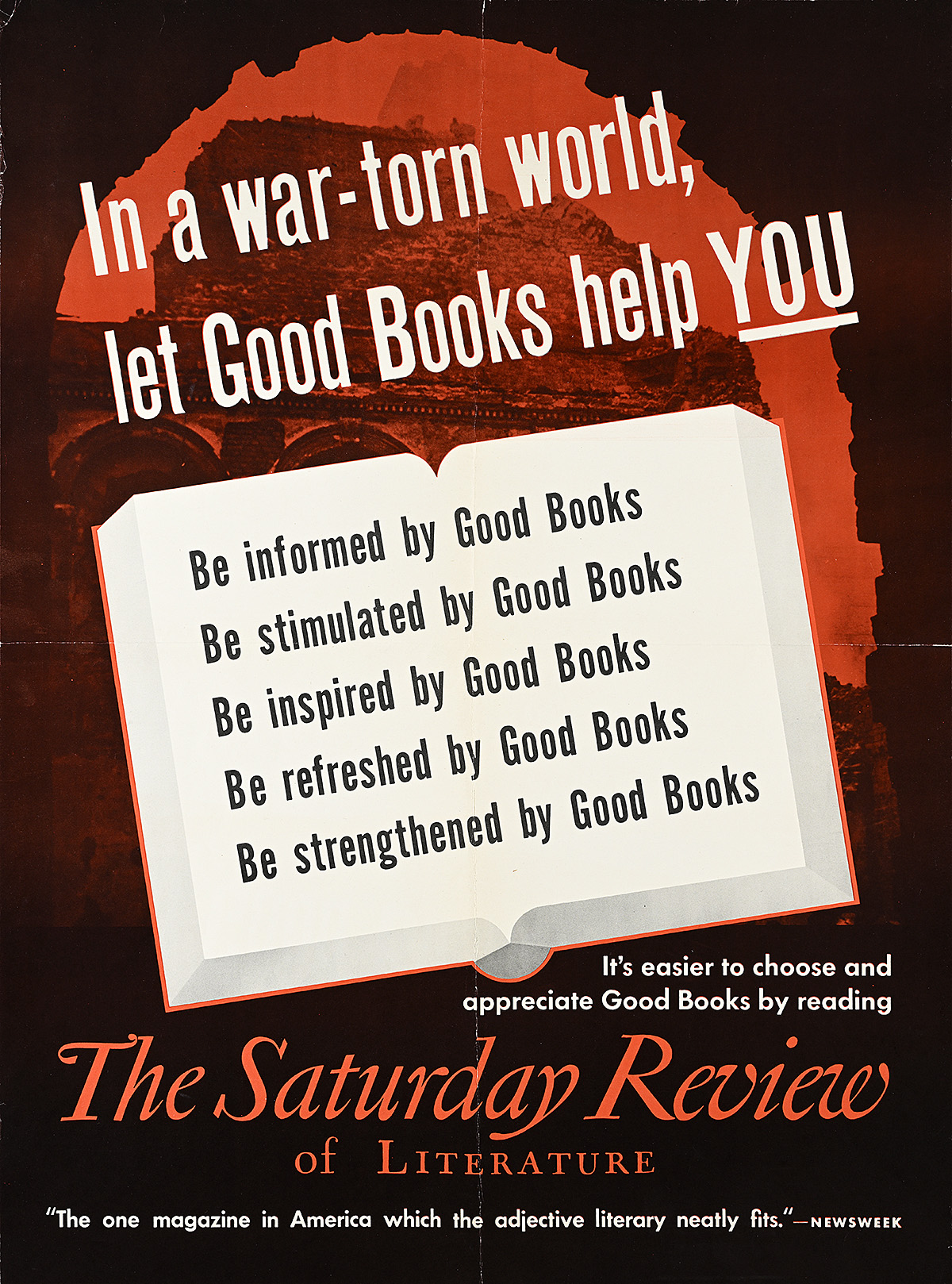 A poster of an open book with text on the pages in front of a large red and black building.
