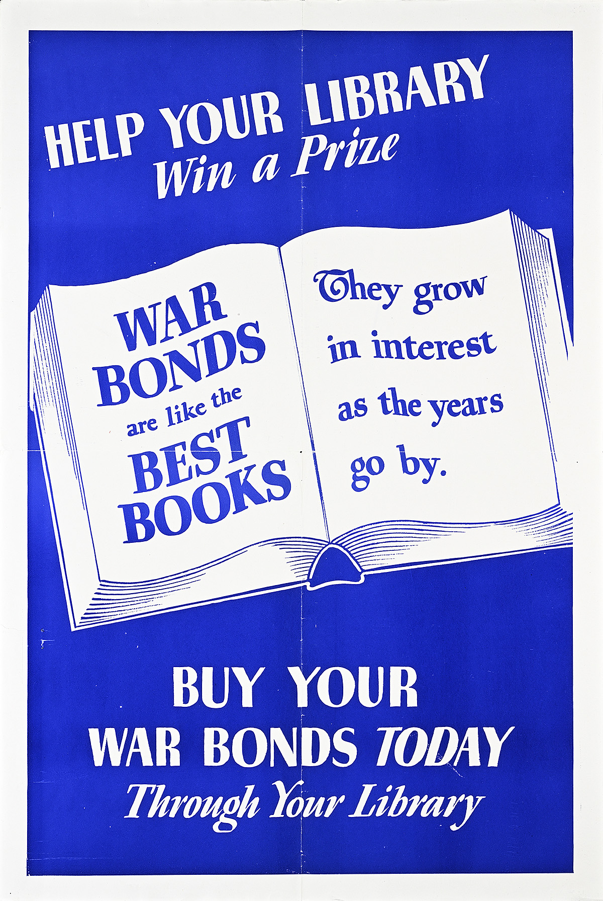 A poster of an open white book with text on the pages on a blue background.