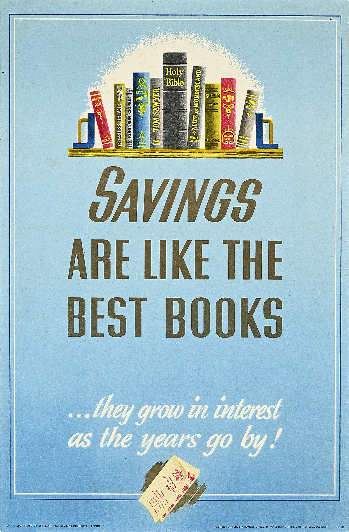A poster of a small shelf with various books on it and text underneath on a blue background.
