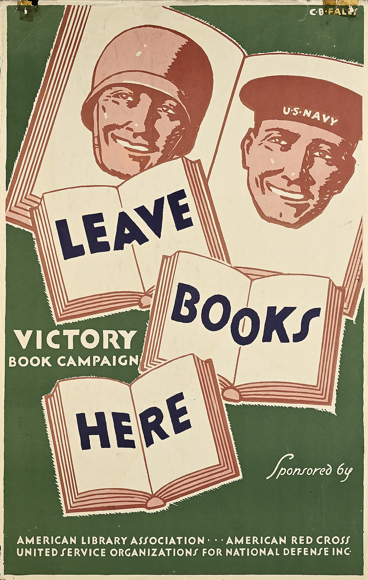 A poster of four white open books with floating faces of uniformed men on them.