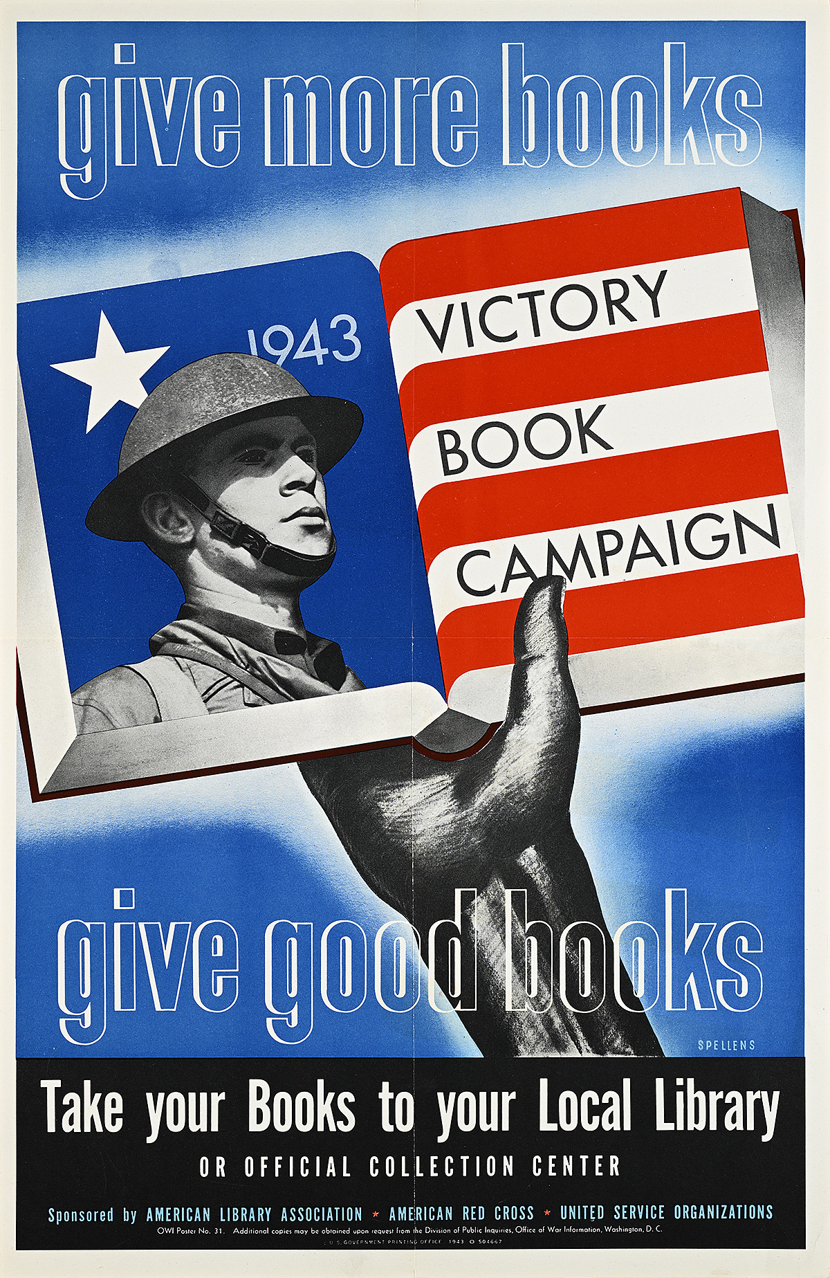 A poster of a hand holding up an open book with a soldier's face on a blue background on the left and red and white stripes on the right.