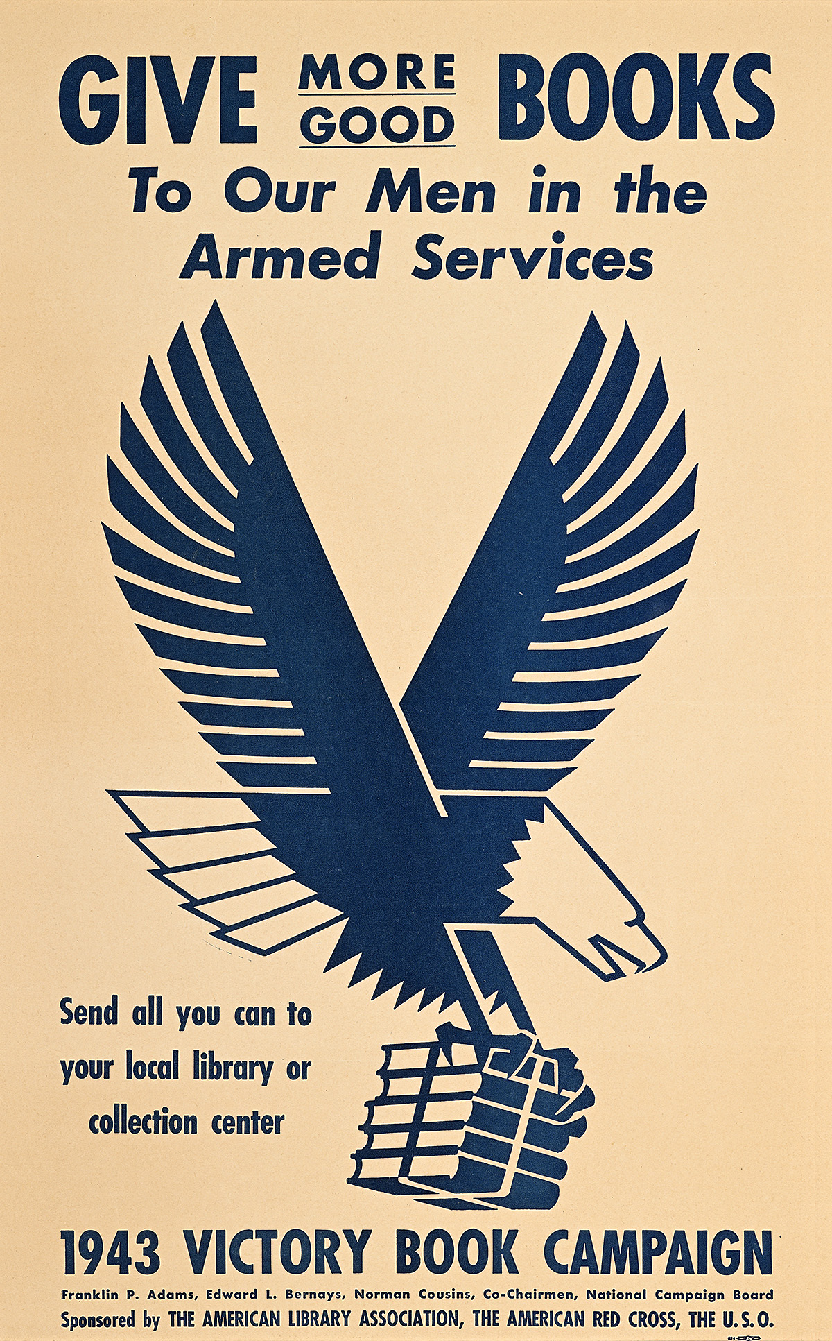 A poster of a geometric navy blue eagle with wings outstretched and a stack of books in its talons.