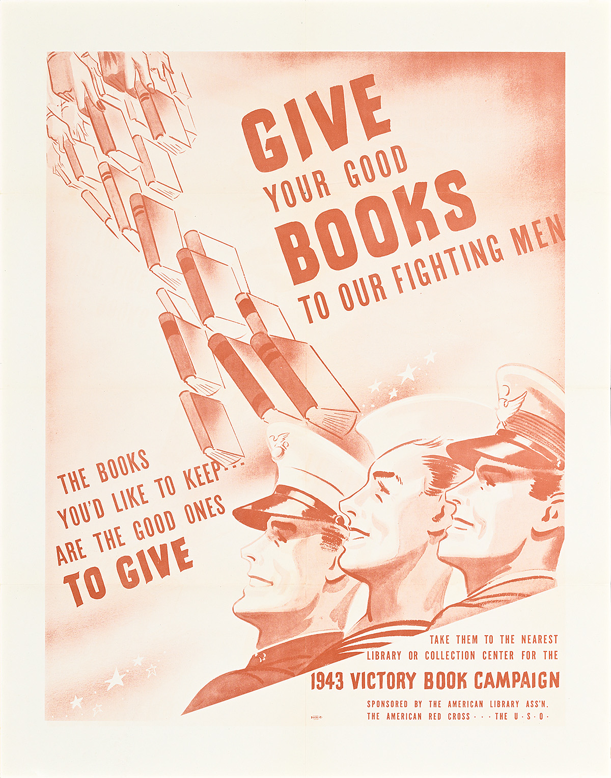 A poster of an illustration of three uniformed men in profile looking to the upper left with a trail of books behind them.