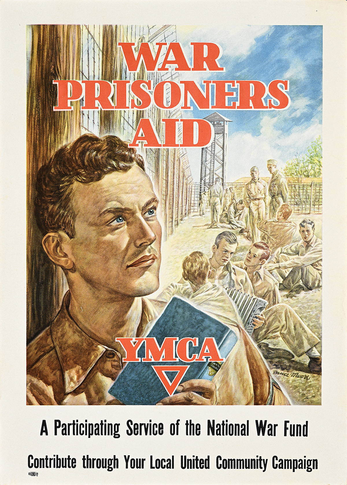 A poster of a painted soldier holding a book with a line of prisoners of war sitting behind him.