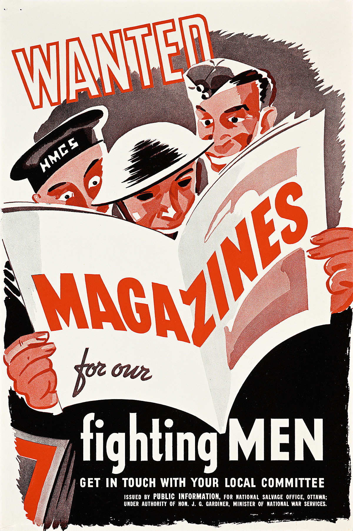 A poster of an illustration of three men standing together reading a large open magazine.