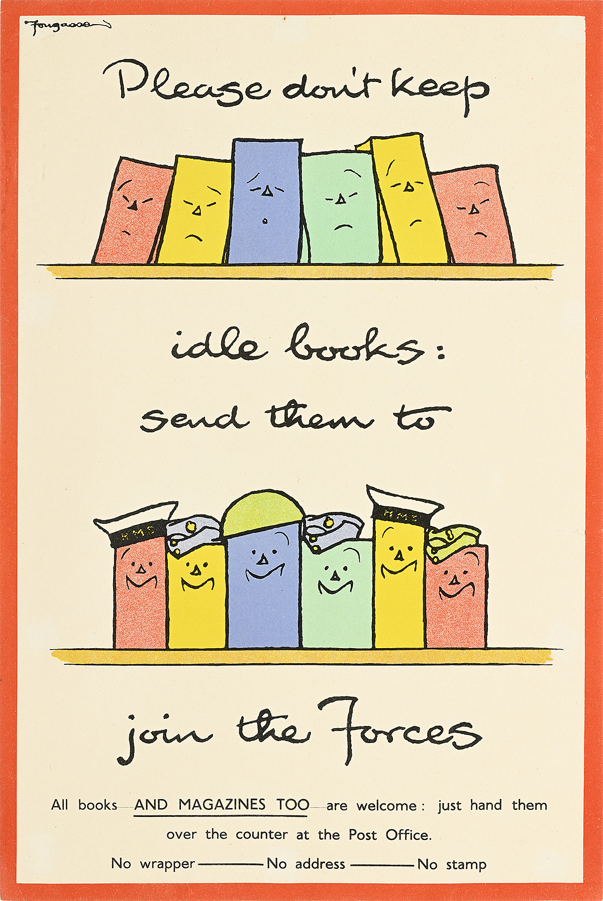 A poster of two shelves holding multicolored books with smiley faces on their spines on a tan background.