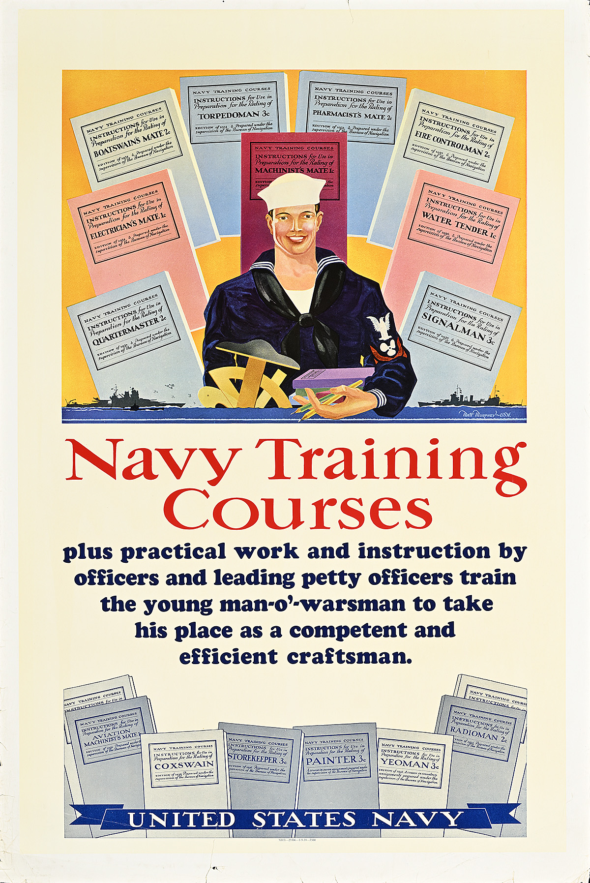 A poster of a smiling sailor in uniform holding books with various multicolored books in the background.