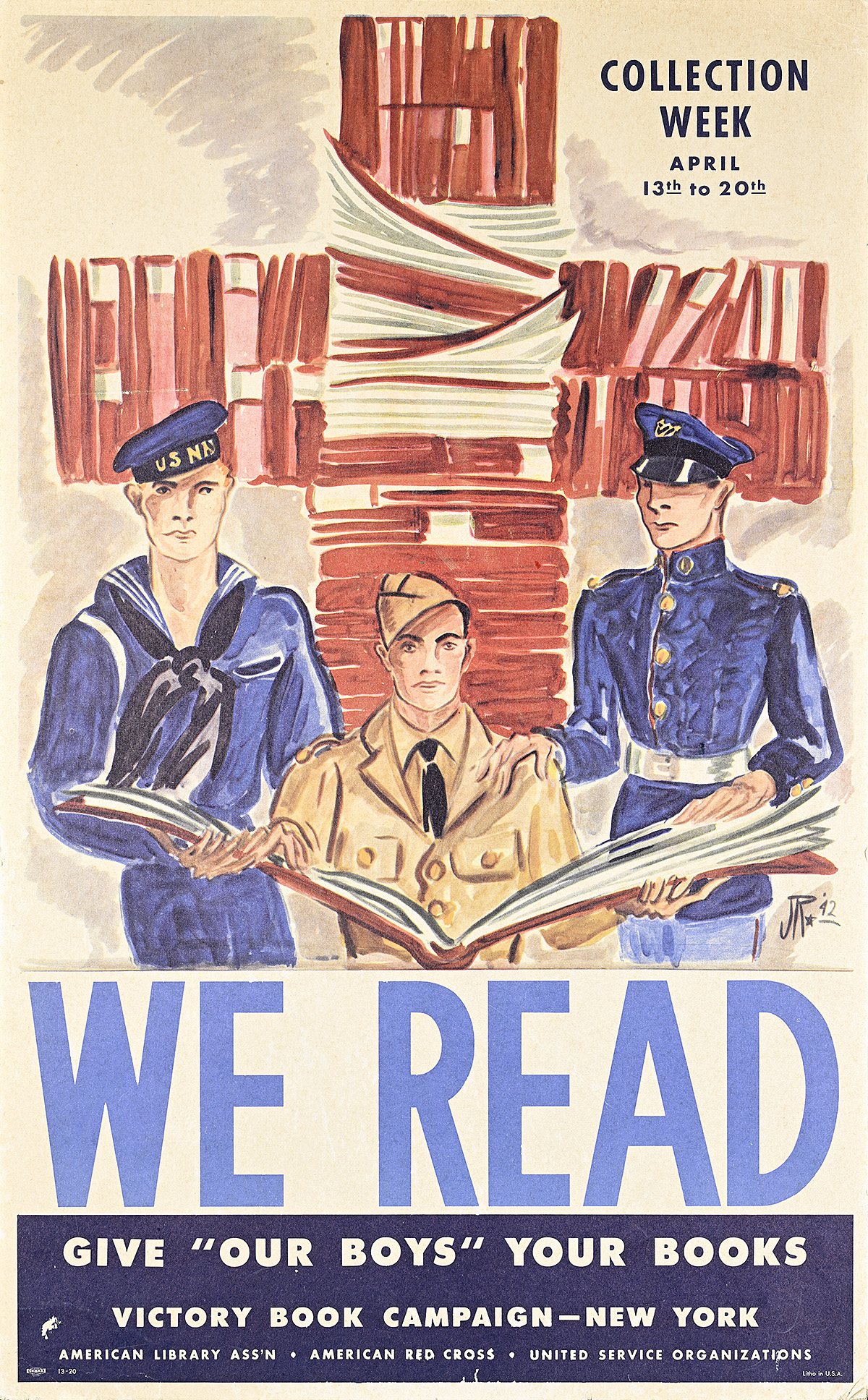 A poster of three uniformed men holding open a very large book with red books in the background forming a cross.