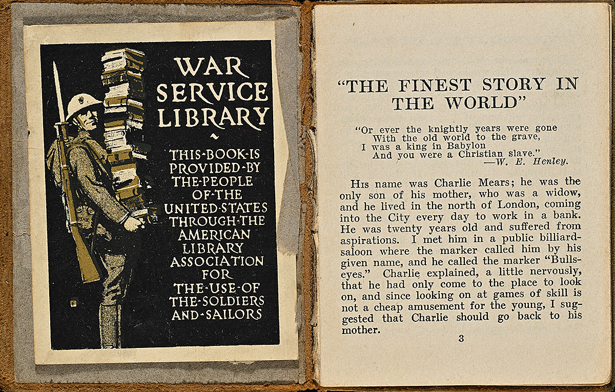 A book page with a soldier in uniform standing and holding a tall stack of books in his arms.