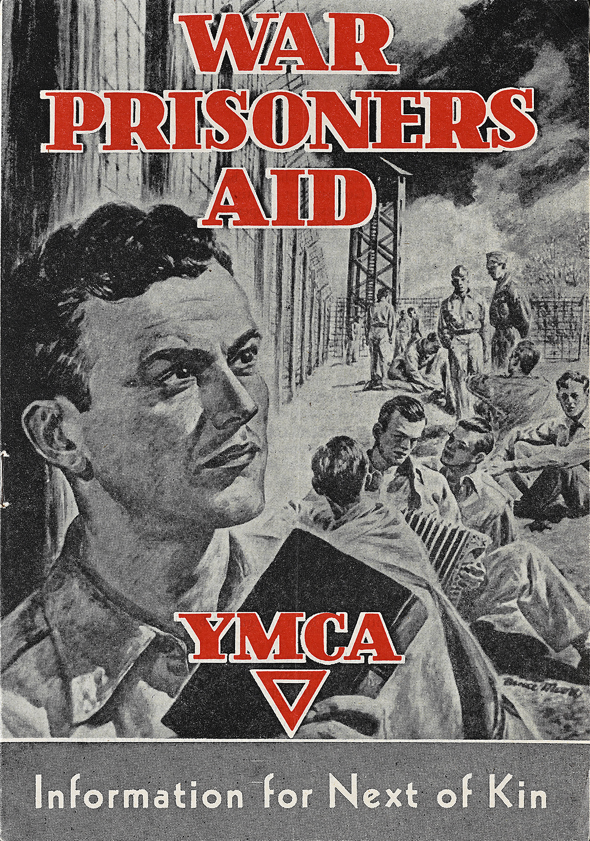 A brochure of a man holding a book with a line of prisoners of war behind him in black and white with red text.