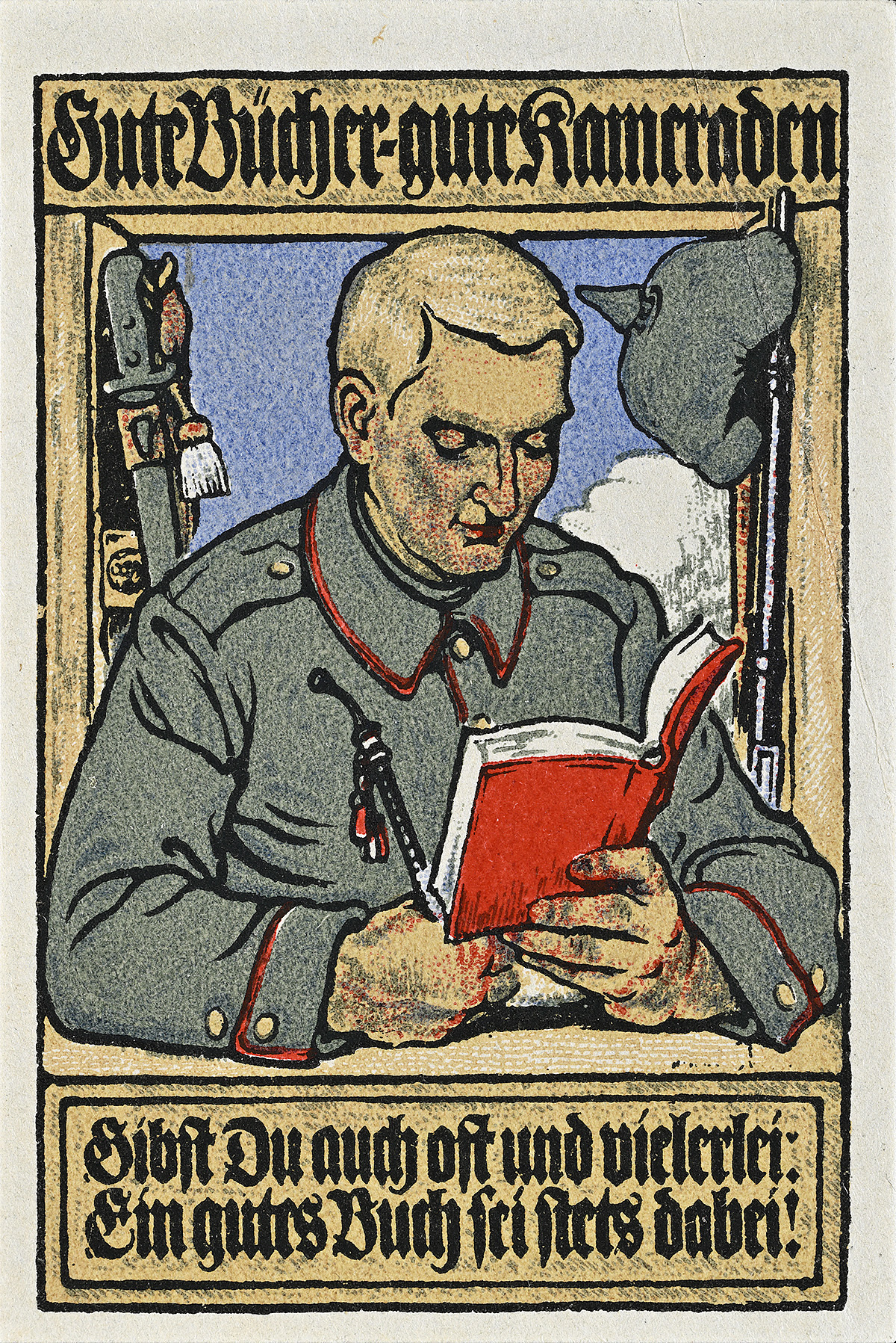 A stamp of a soldier reading a book with German text above and below.