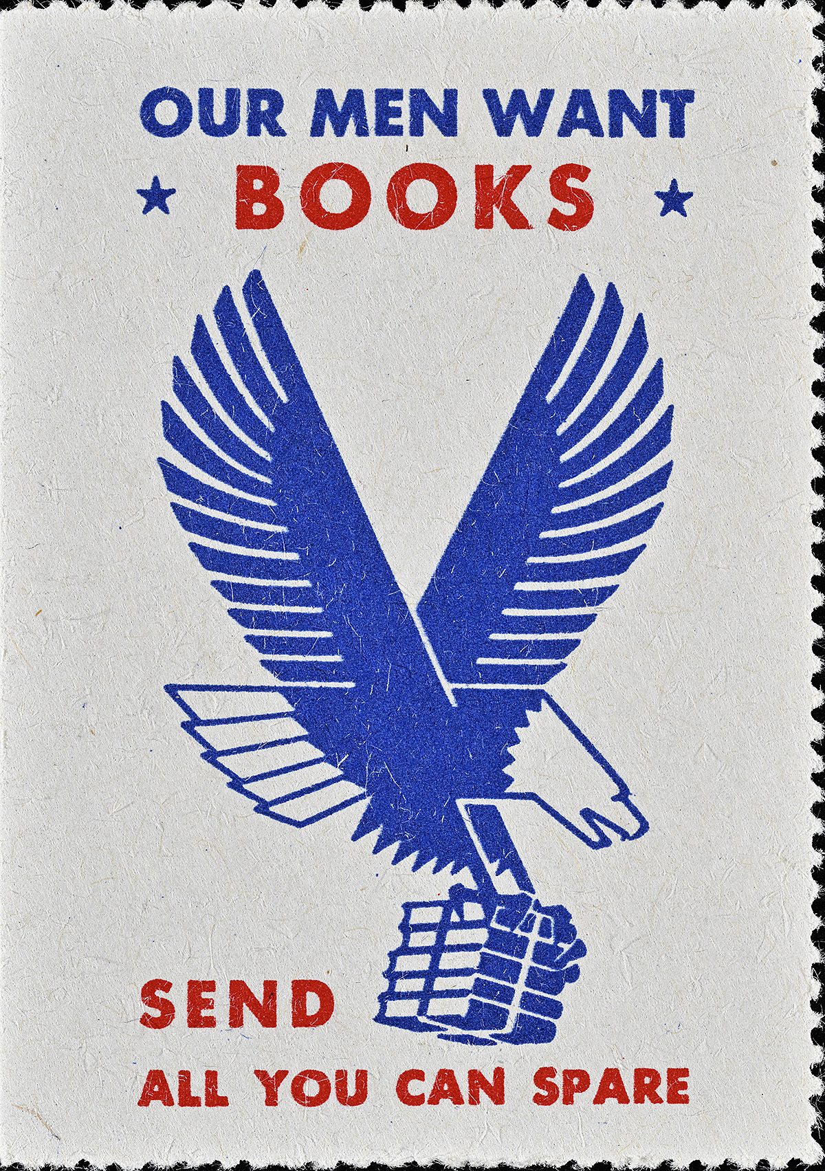 A stamp of a blue eagle with wings outstretched and a short stack of books held in its talons.