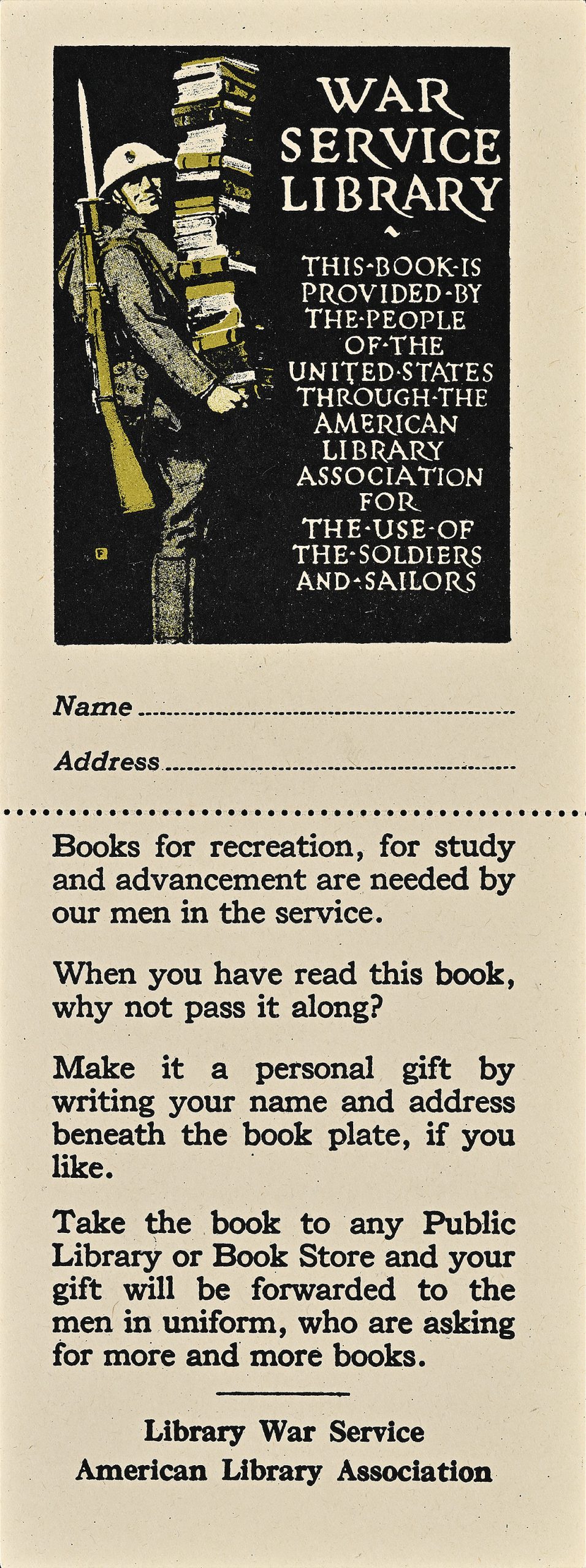 A bookplate with an image of a soldier in uniform holding a tall stack of books in his arms.