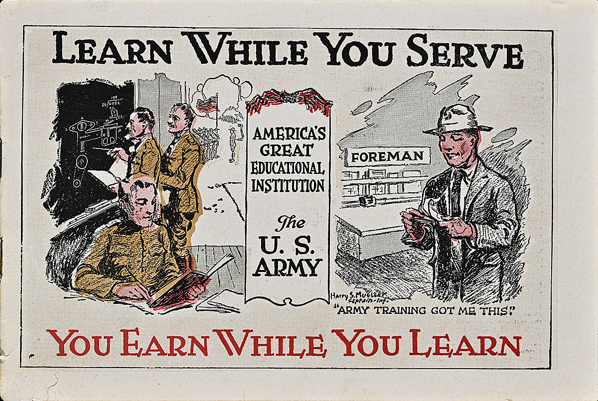 A horizontal brochure with illustrations of soldiers reading and writing on the left and a man in a suit on the right.