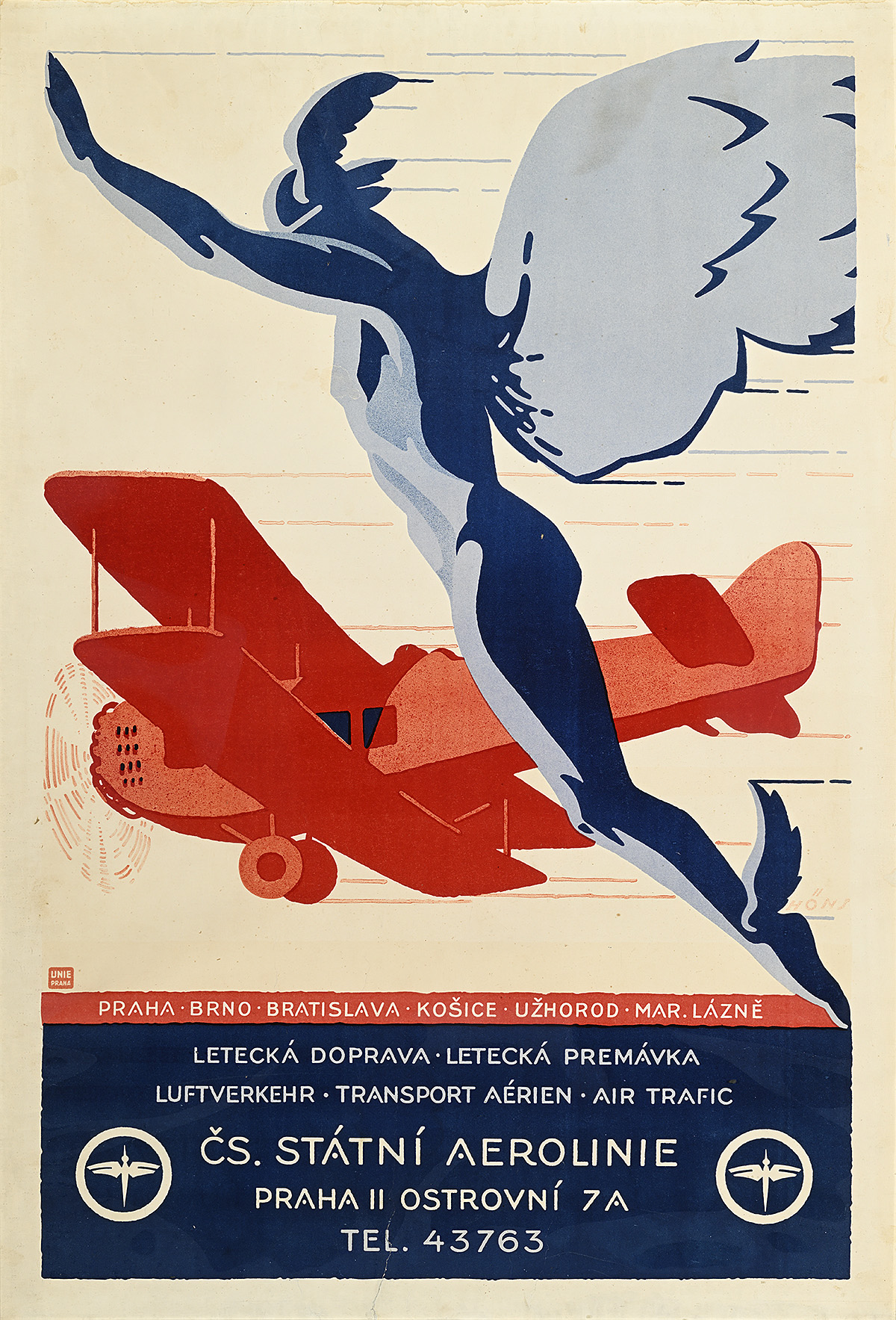 A poster of a blue figure with wings in flight in front of a red airplane.