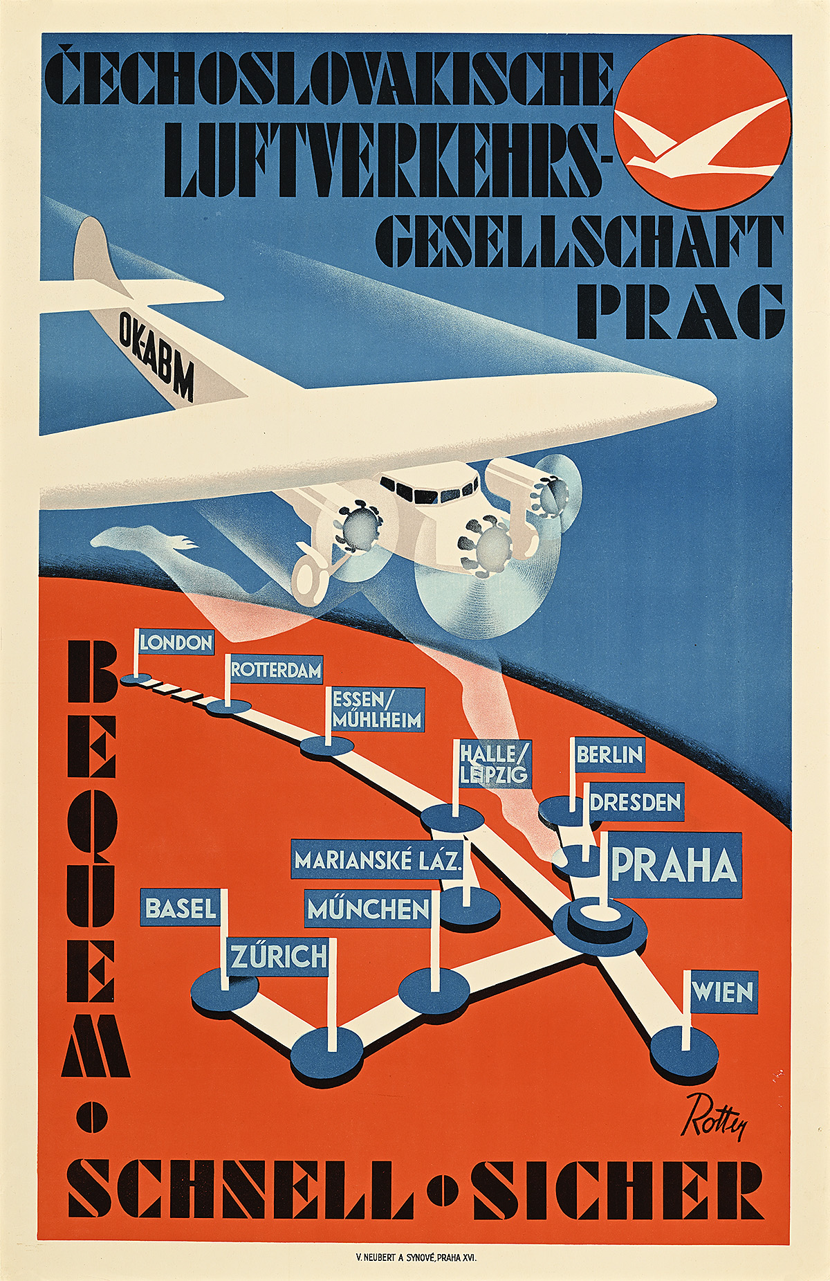 A poster of a white airplane flying over a map of European cities in red, white, and blue.
