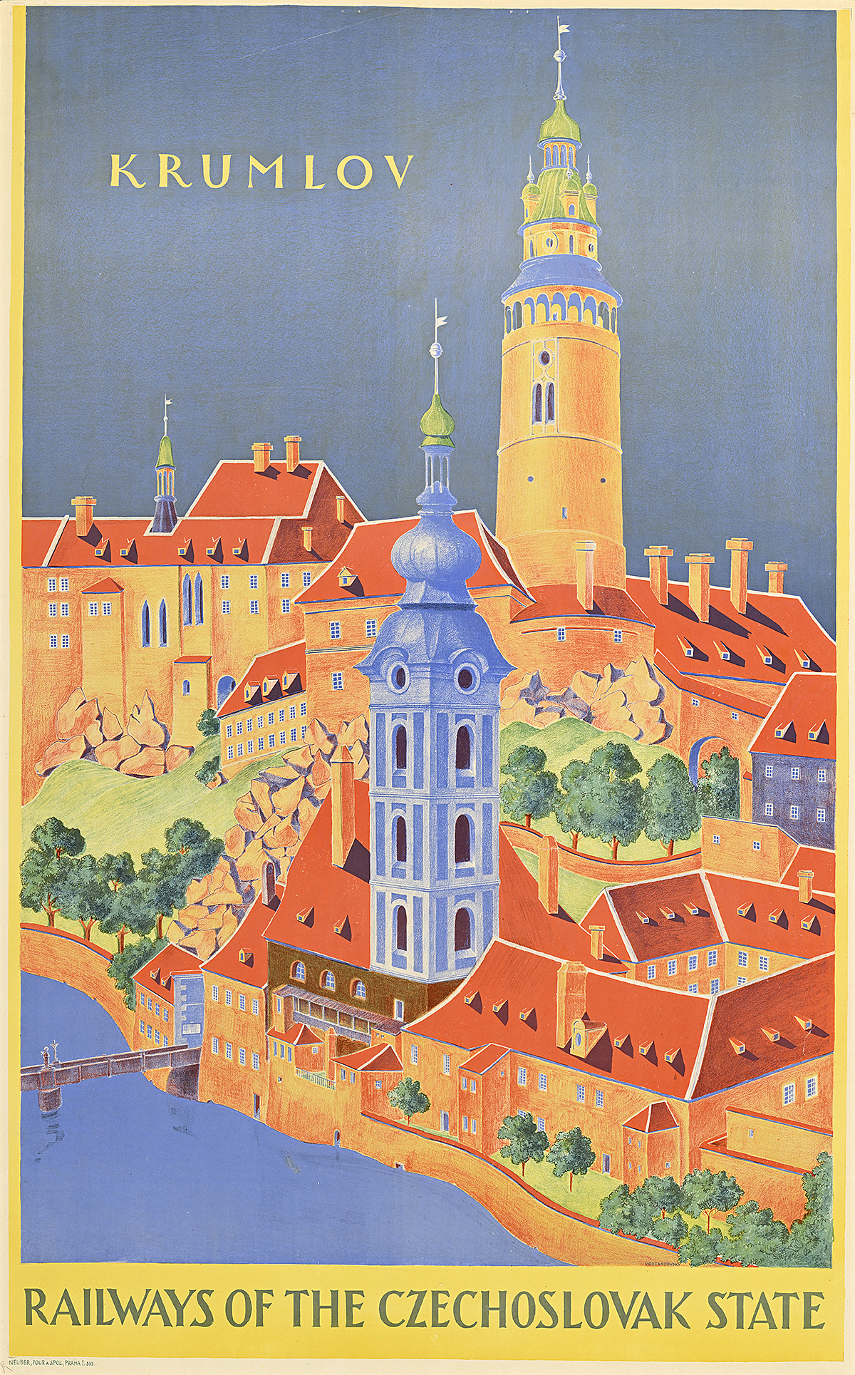 A poster of a colorfully illustrated aerial view of a city with short and tall buildings along a river.