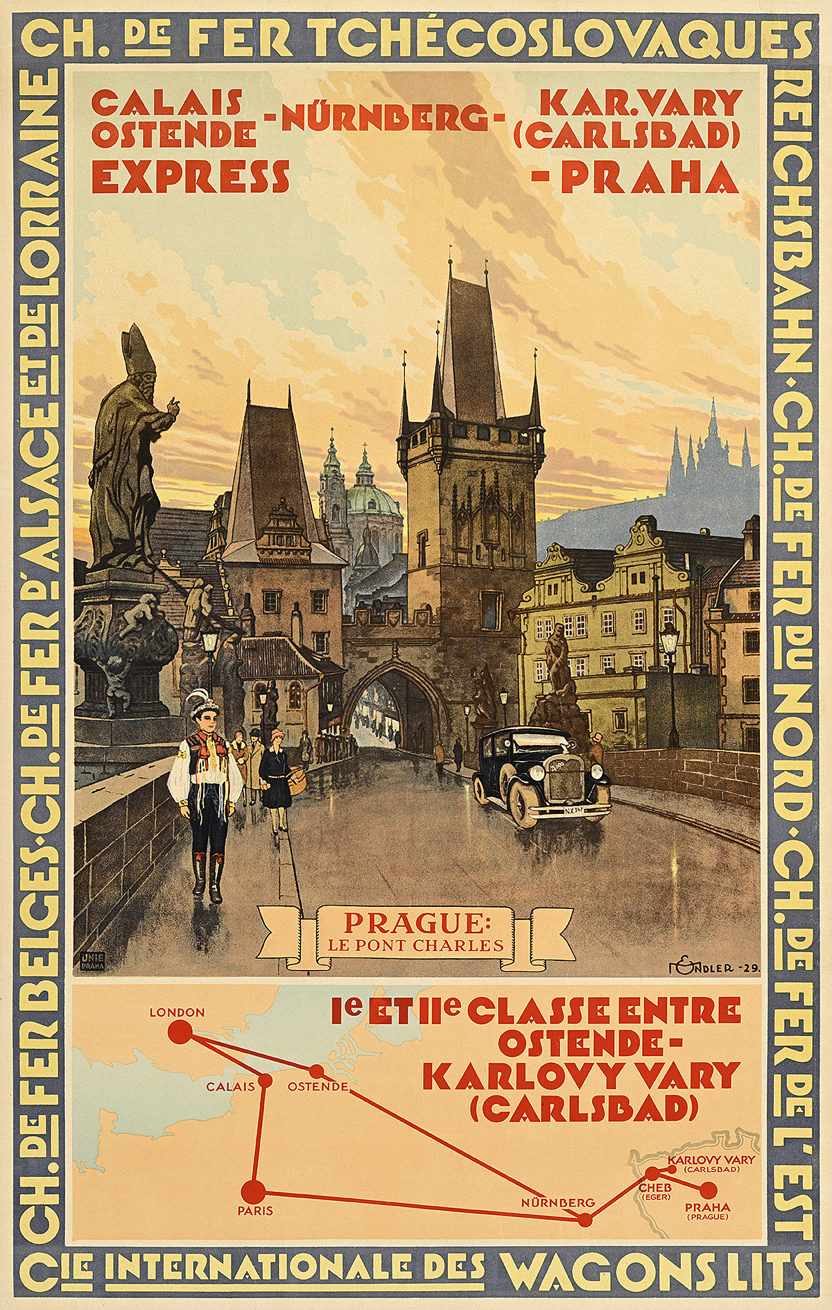 A poster of an illustrated street scene with old buildings in the background and people walking on a sidewalk.