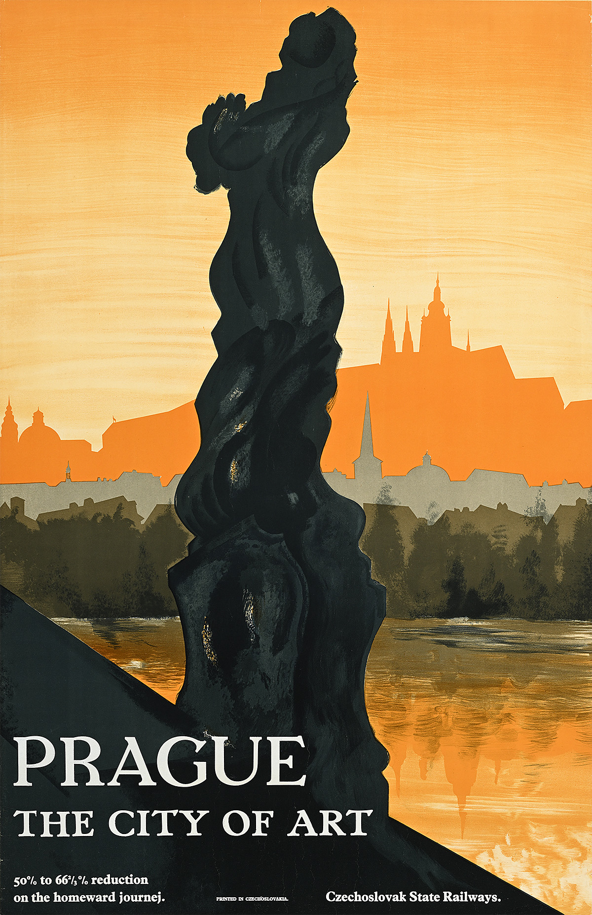A poster of a large dark statue with a skyline silhouette and body of water in the background.