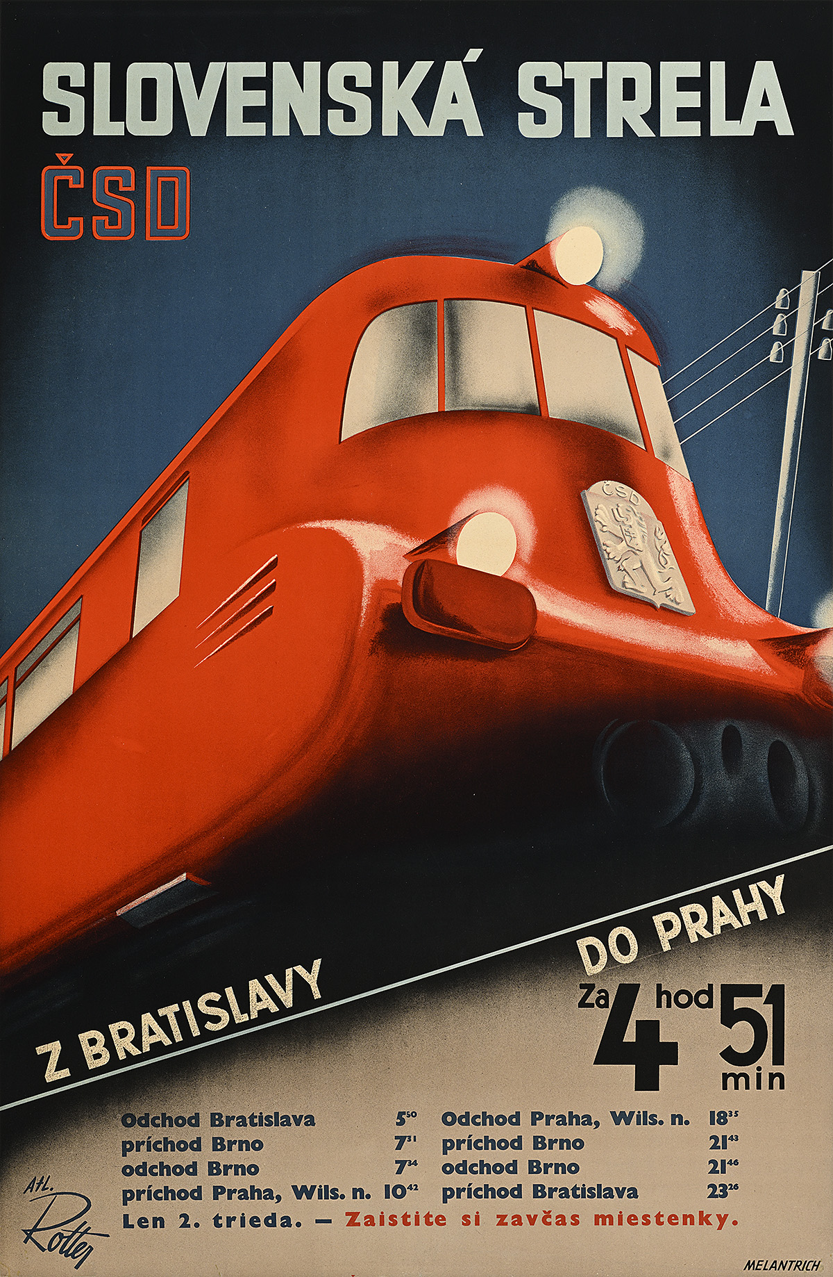 A poster of a large red train at an angle to denote forward movement at a fast speed.