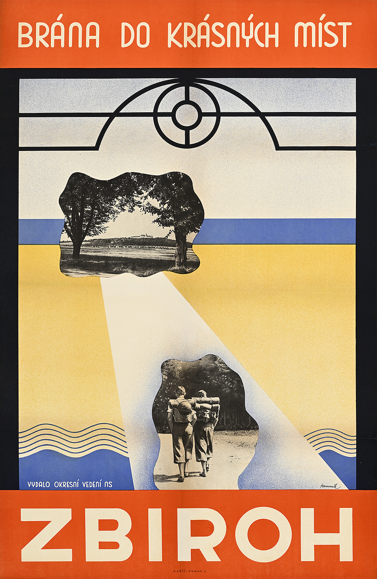 A poster with black and white photos of a landscape and of people hiking on a geometric background.