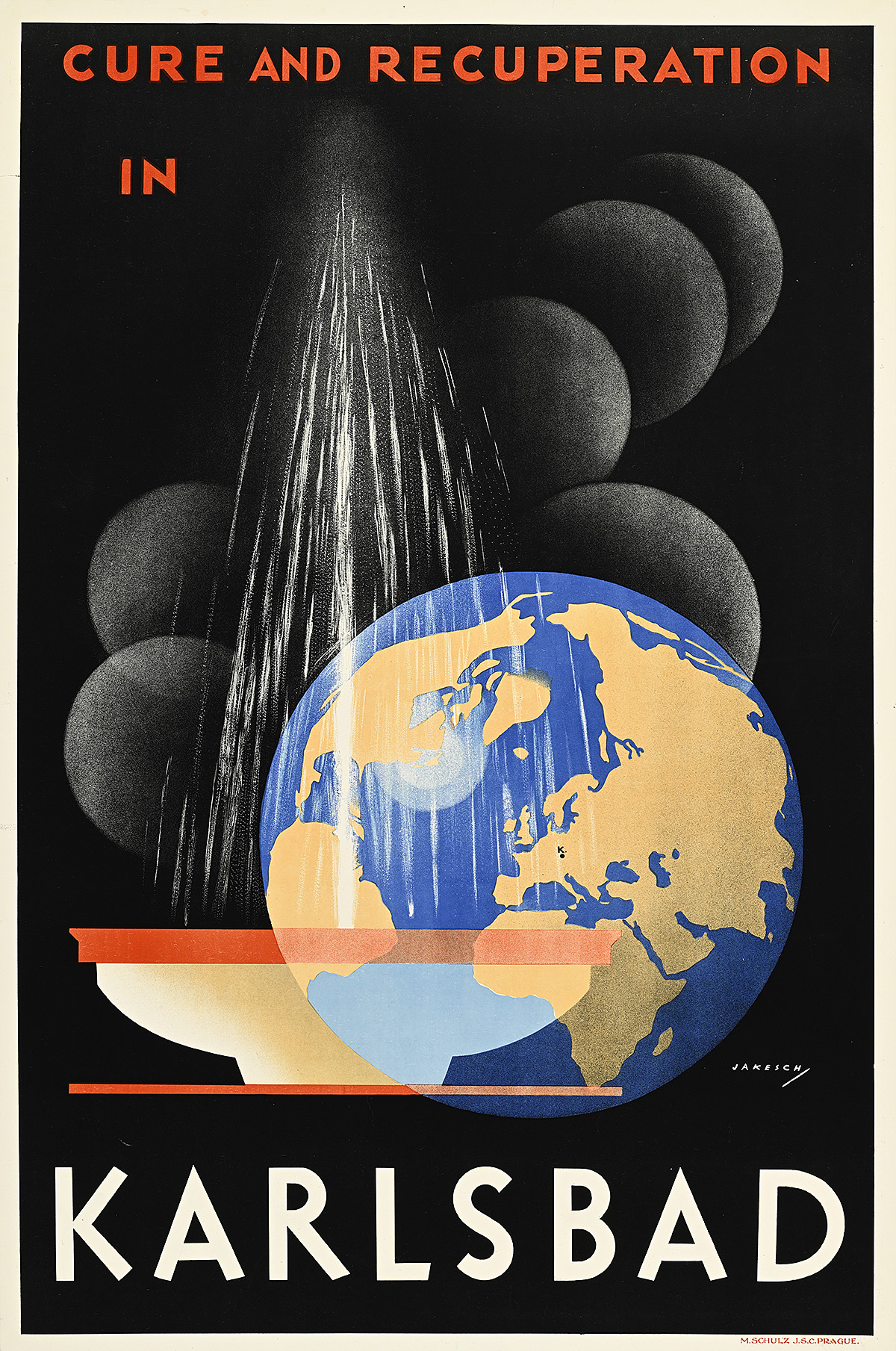 A poster of a blue and yellow globe and a white vessel in front of several gray spheres on a black background.