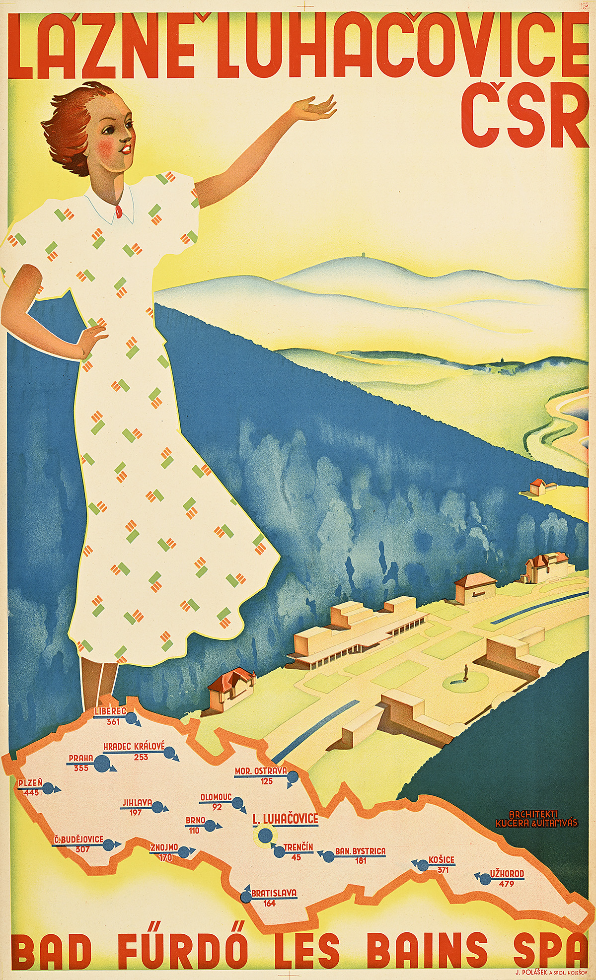 A poster of an illustrated woman in a patterned dress standing on a map with mountains in the background.