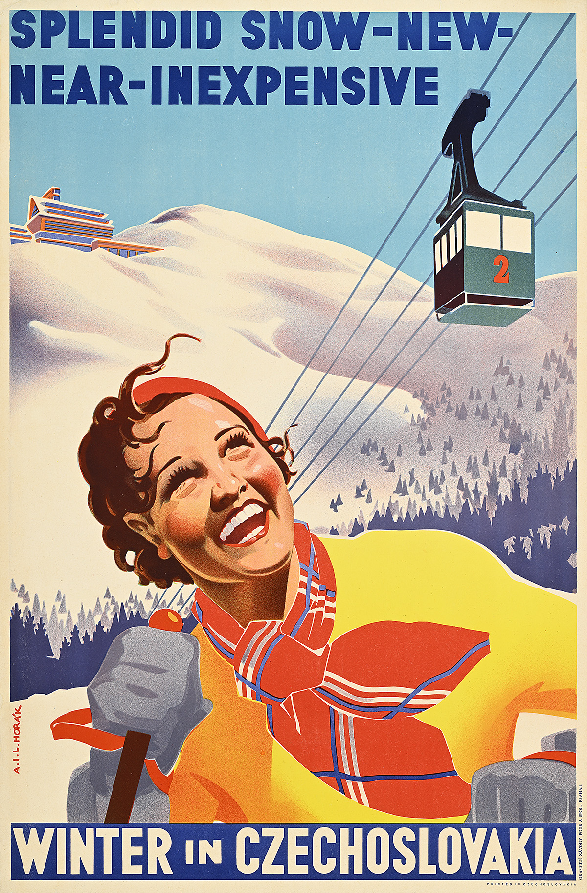 A poster of a smiling woman looking up with a ski lift and snow covered mountain in the background.