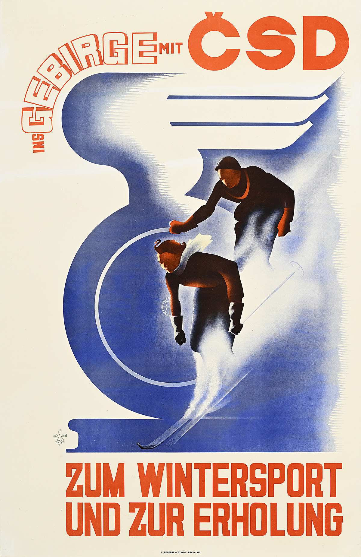 A poster of two figures skiing down at a sharp angle on top of an abstract blue and white shape.