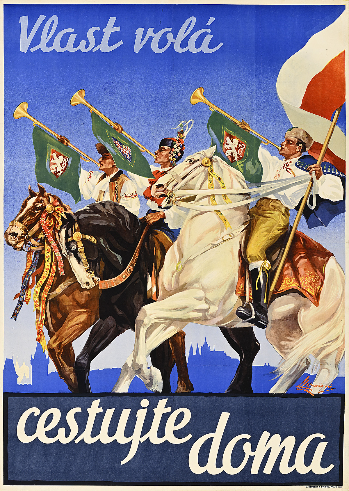 A poster of three men in elaborate dress on horseback blowing trumpets with flags on a blue background.