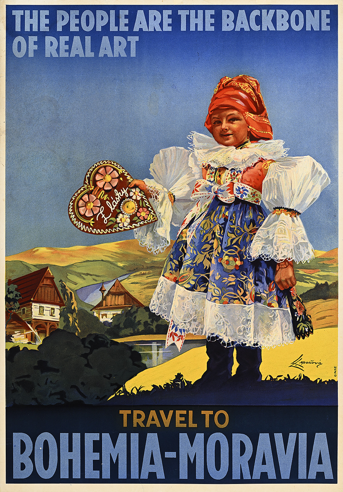 A poster of a young person in a lacy dress holding a heart shaped object with houses and hills in the background.