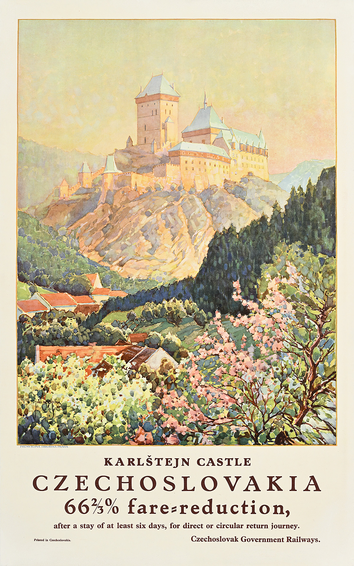 A poster of a painterly landscape with a castle on a hilltop and flowers in the foreground.
