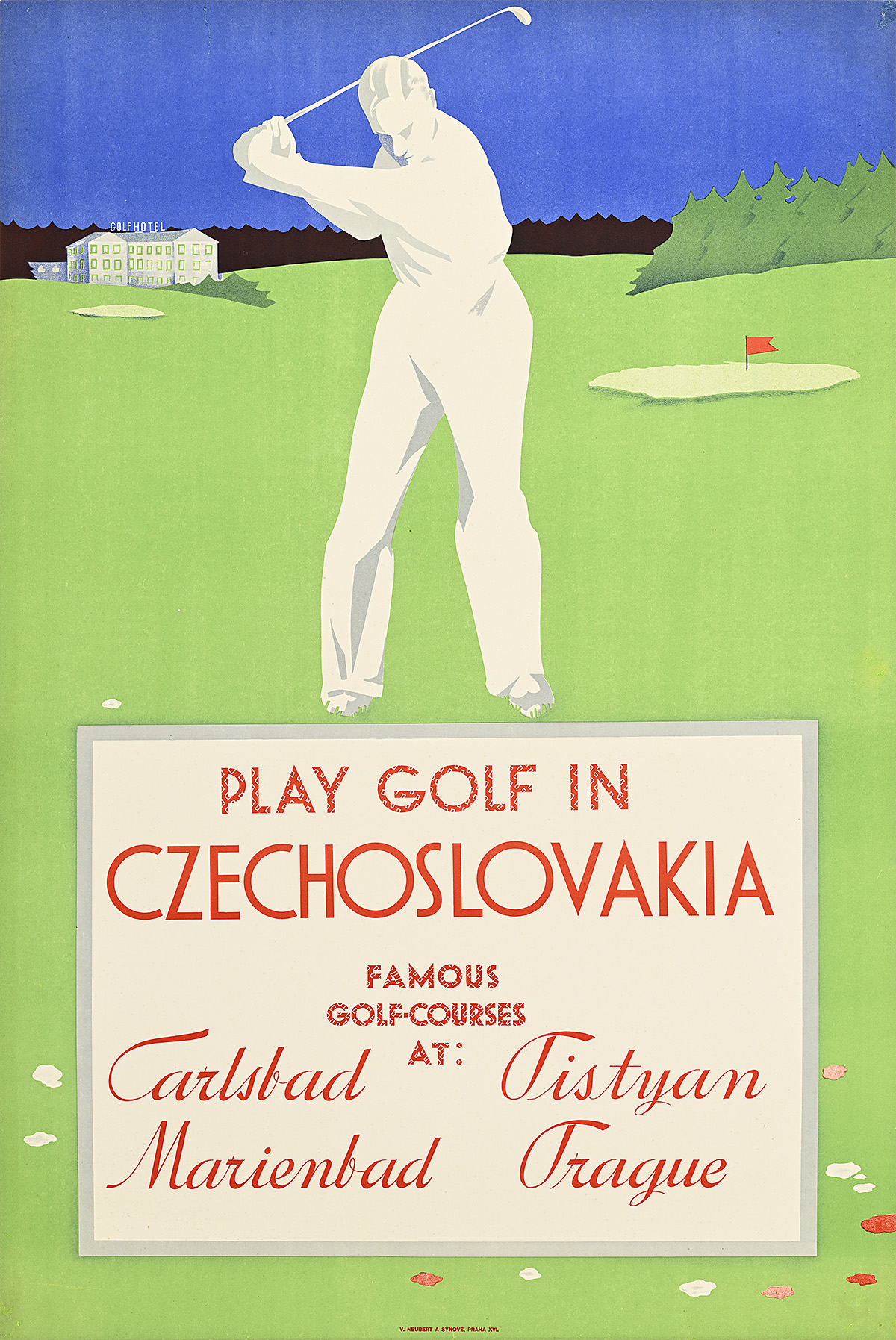 A poster of a man all in white holding a golf club on a large golf green with a blue sky.