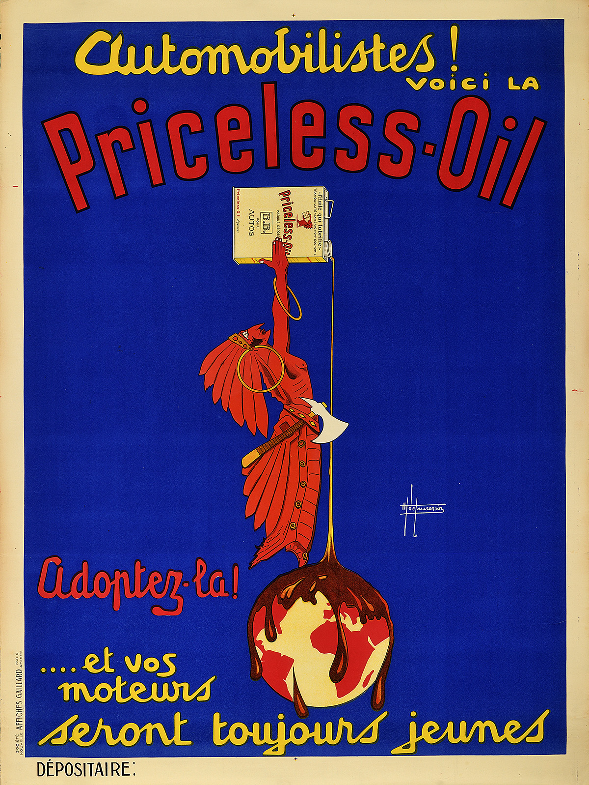 A poster with an illustration of a Native American man standing on a globe pouring oil down from a can.