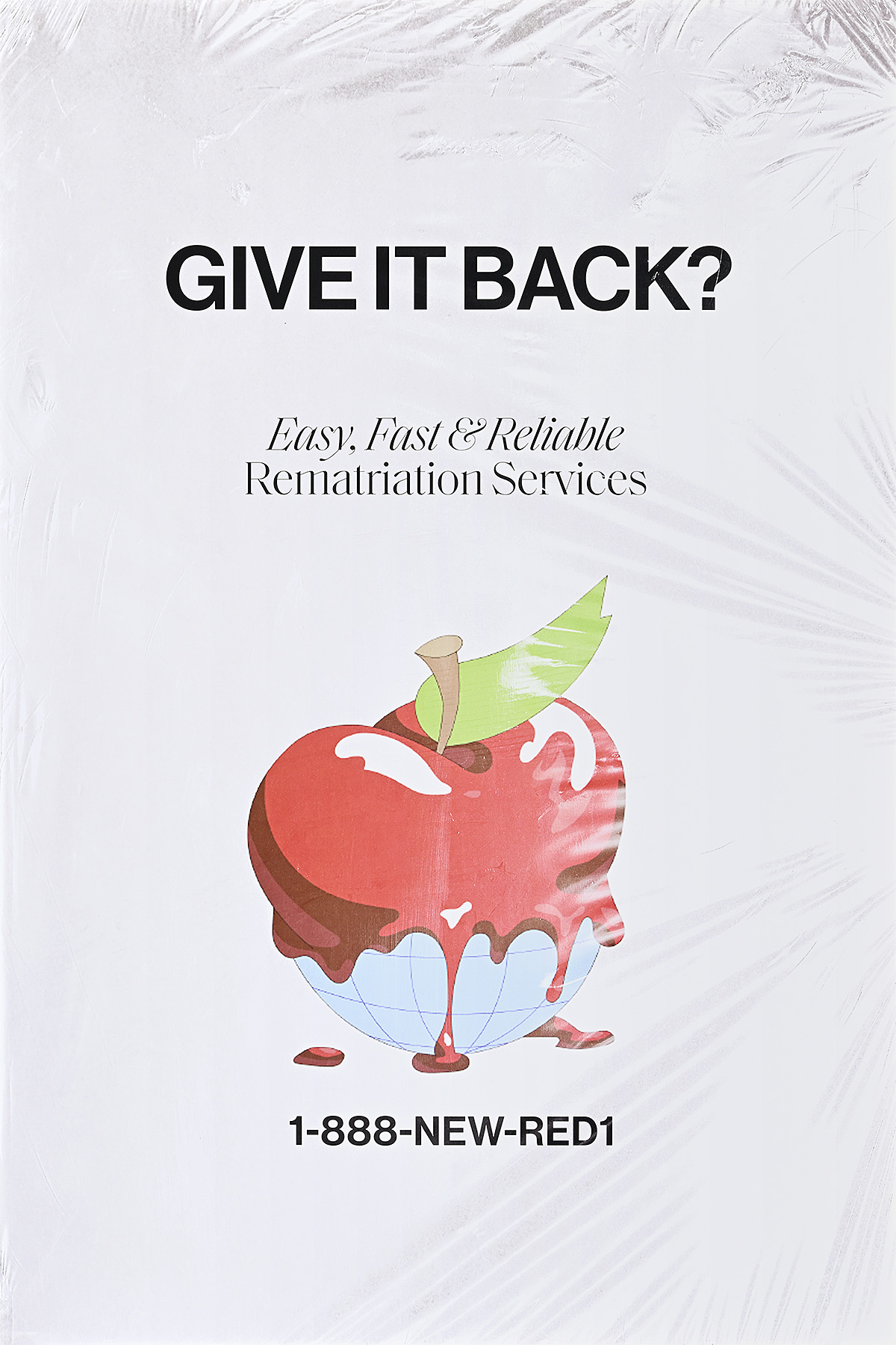 A poster of an illustrated apple melting over a globe.