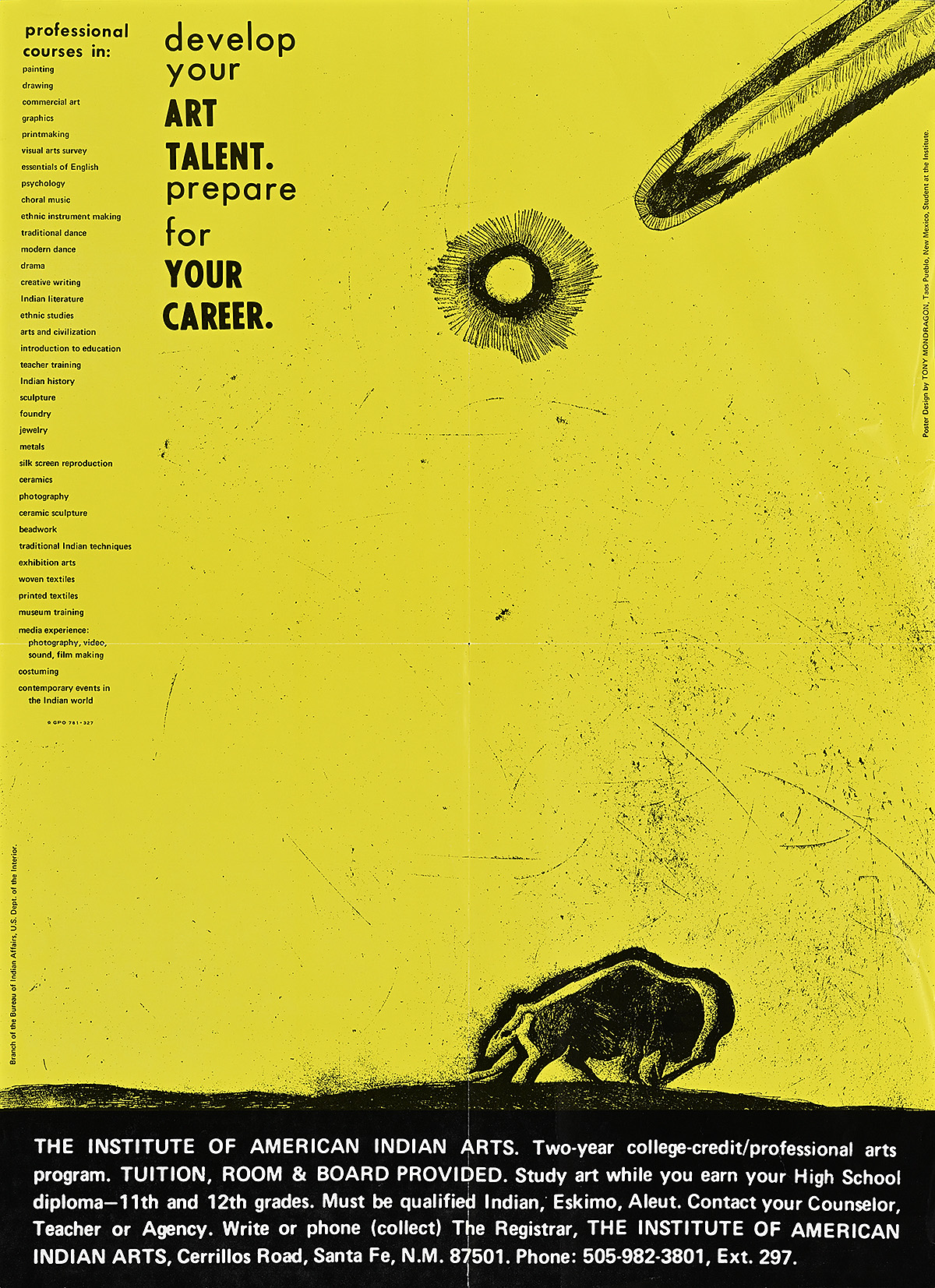 A poster with a drawing of a pencil, small buffalo, and small black text on a chartreuse background.