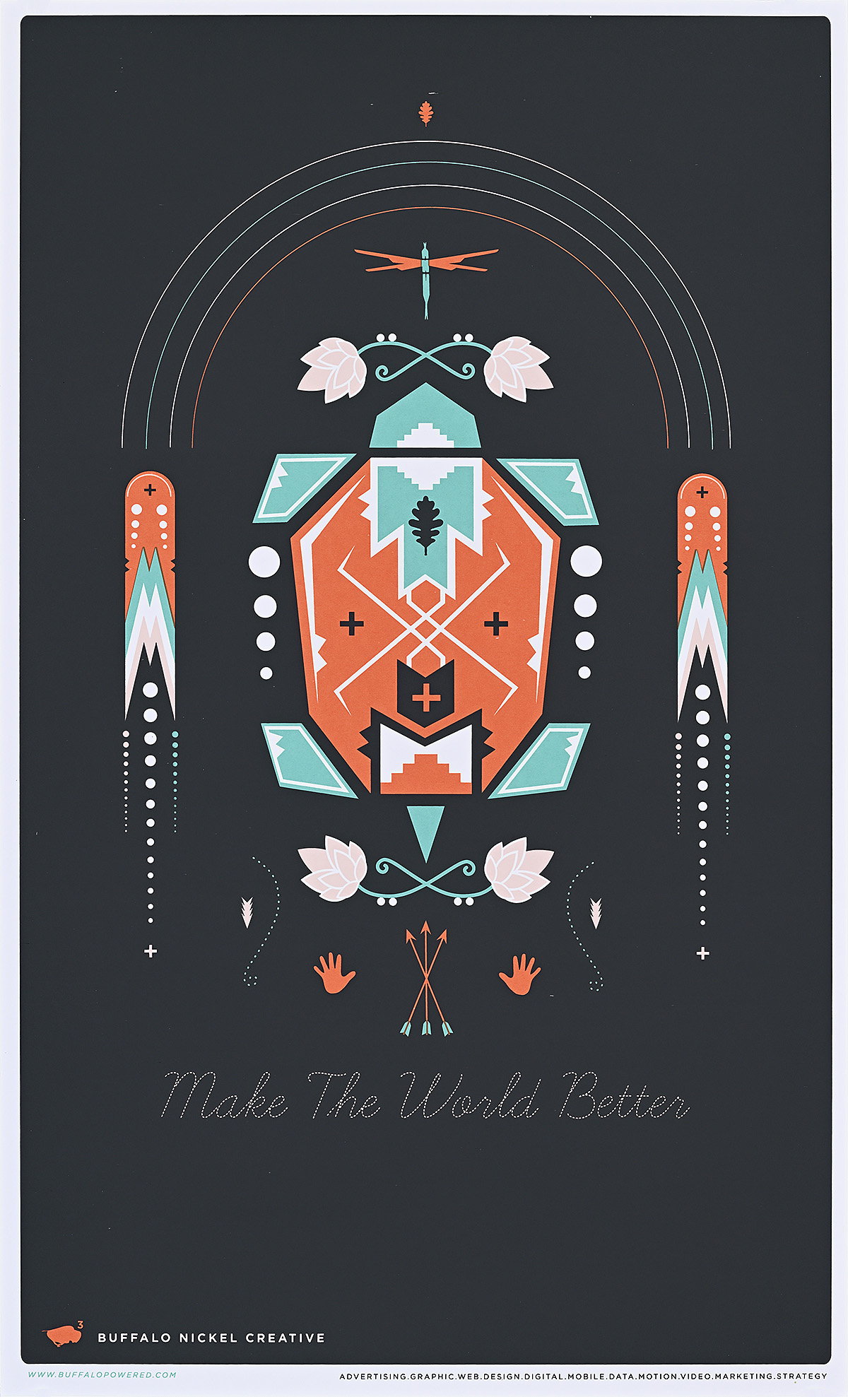 A poster of an orange and teal geometric design on a black background.