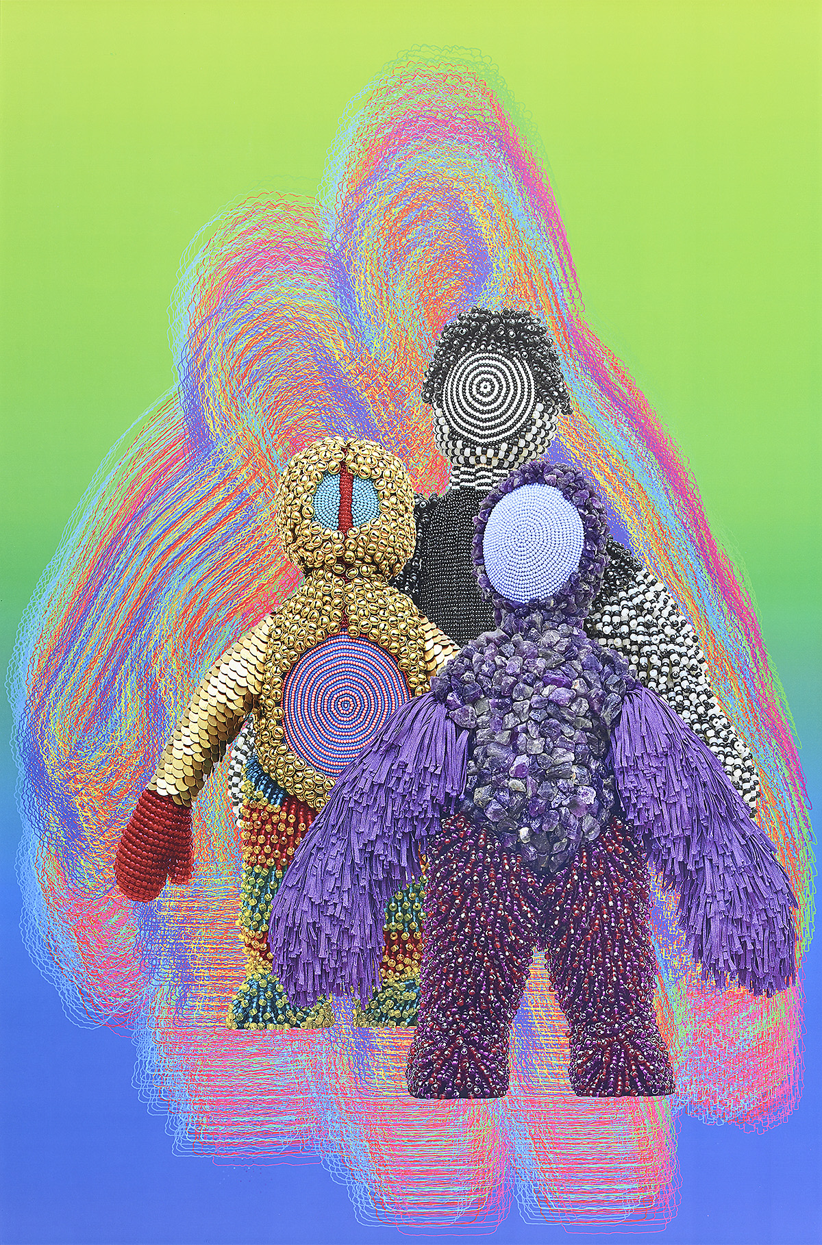 A poster with three figures made of beads and string with multi-colored vibrating lines behind them.