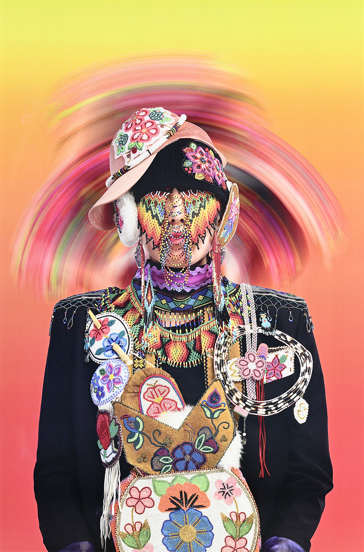 A poster of a person wearing two hats and a jacket covered in colorful embroideries and appliques.
