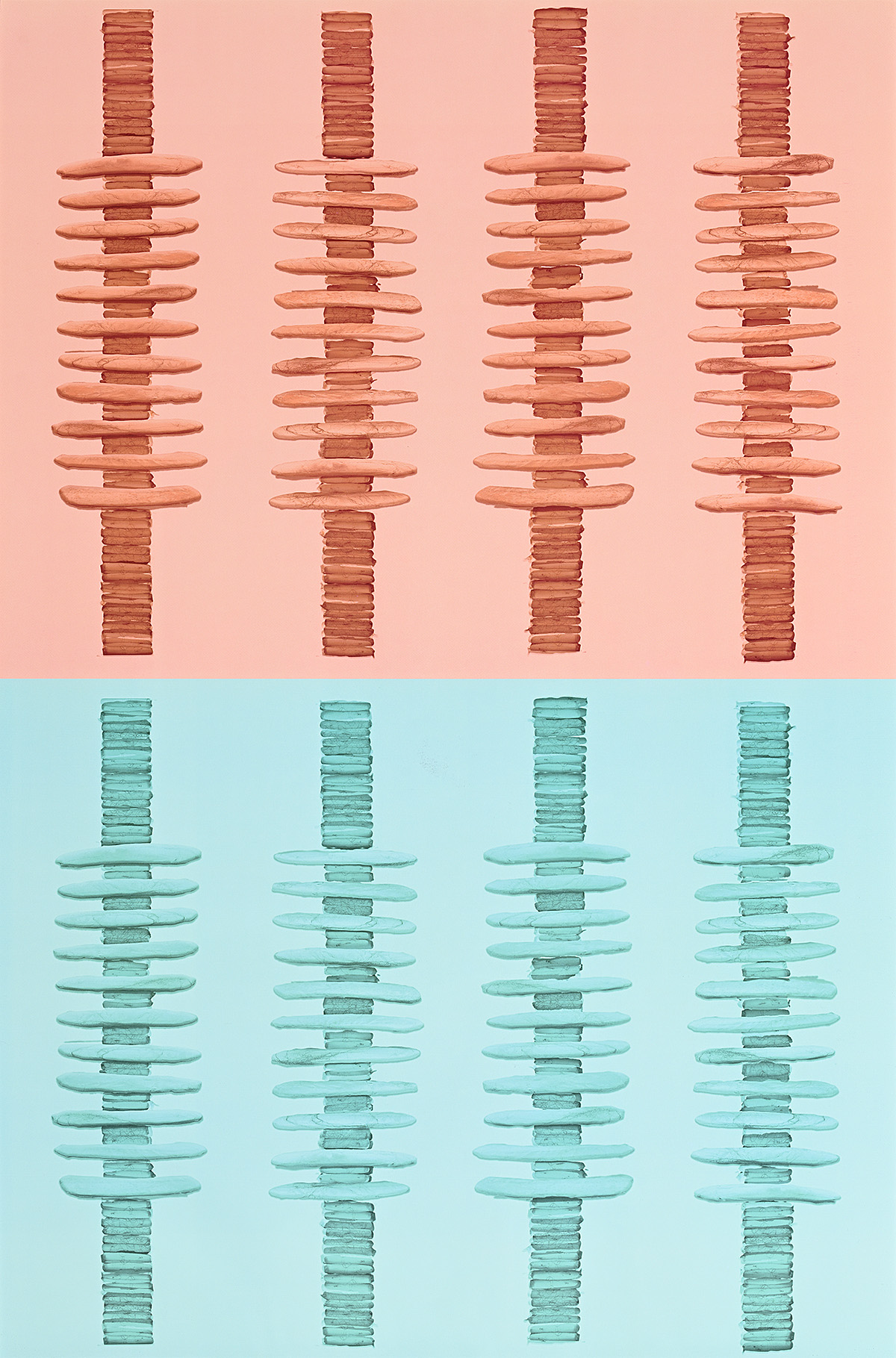 A poster with a pattern of vertical stacks in two rows of four in light orange and light turquoise.