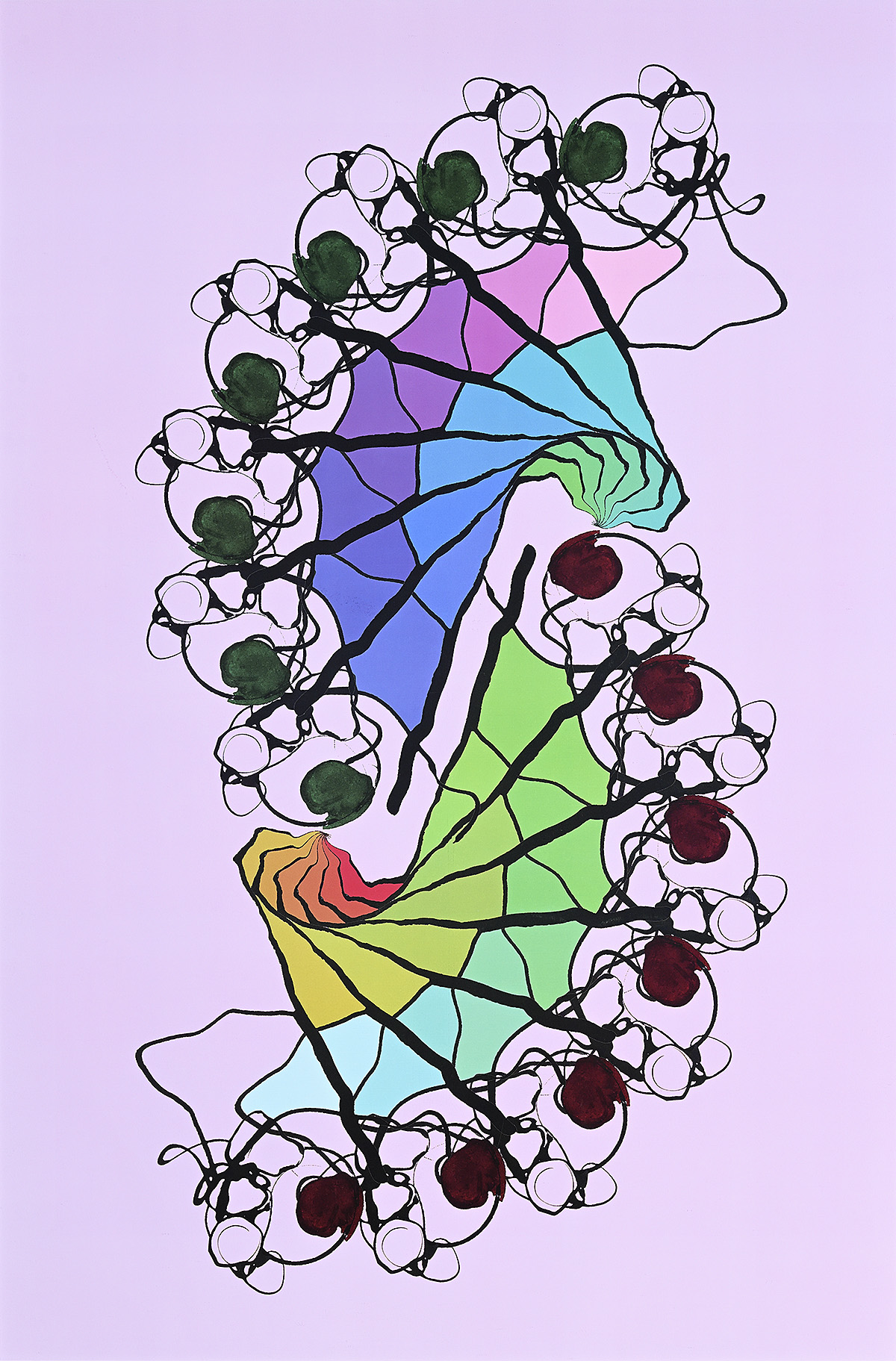A poster with an abstract illustration of swirling shapes in bright colors connected with black lines.