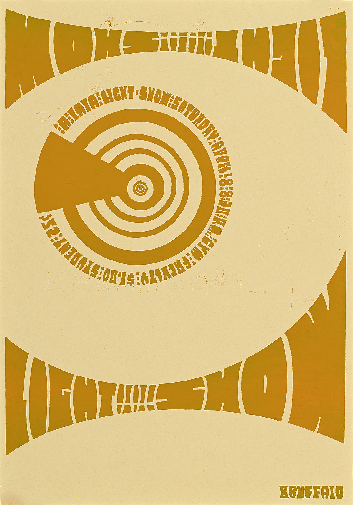 A poster with a design of concentric circles and abstract geometric lettering on the top and bottom.